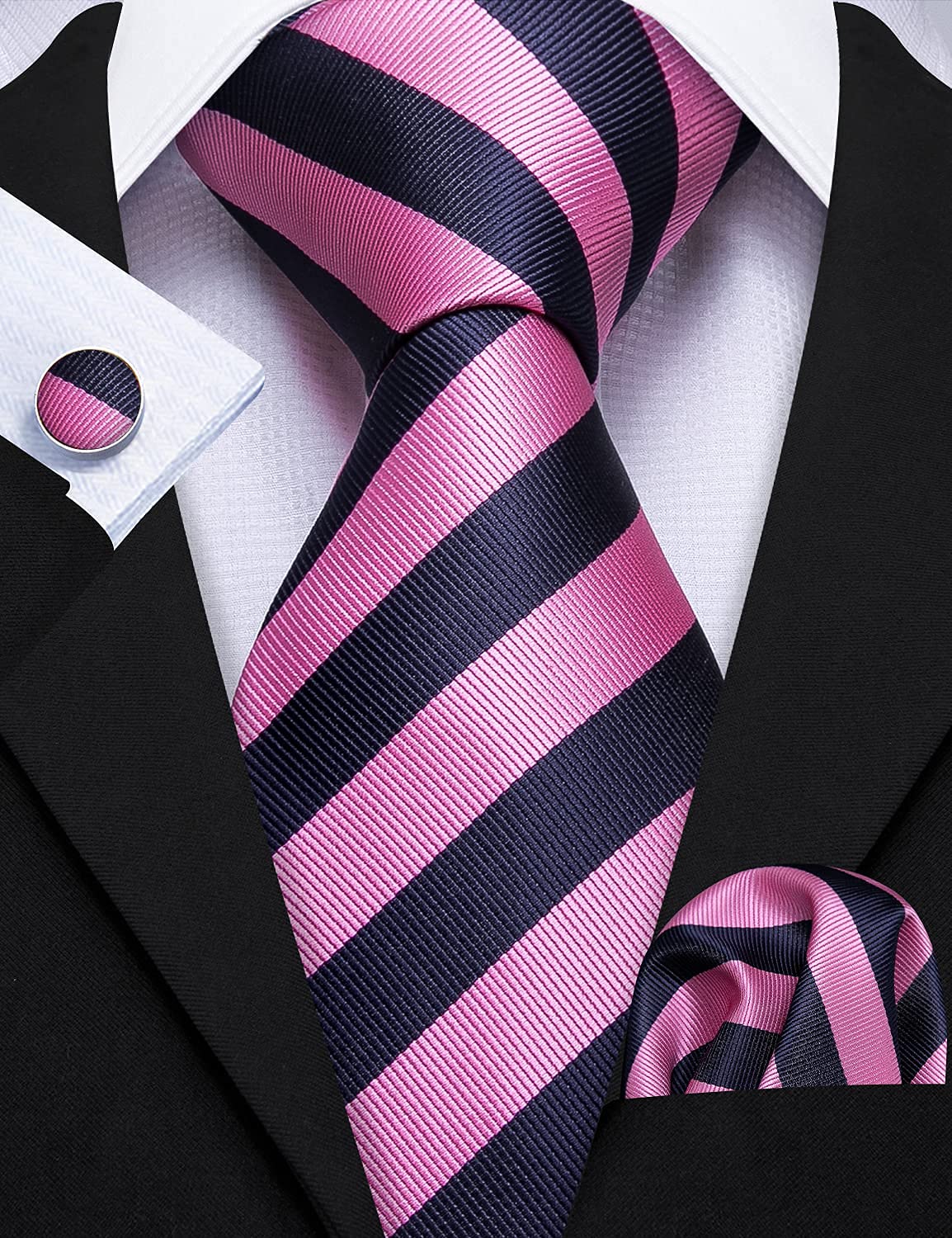 Barry.Wang Stripe Men Ties Set Classic WOVEN Necktie with Handkerchief Cufflinks Formal