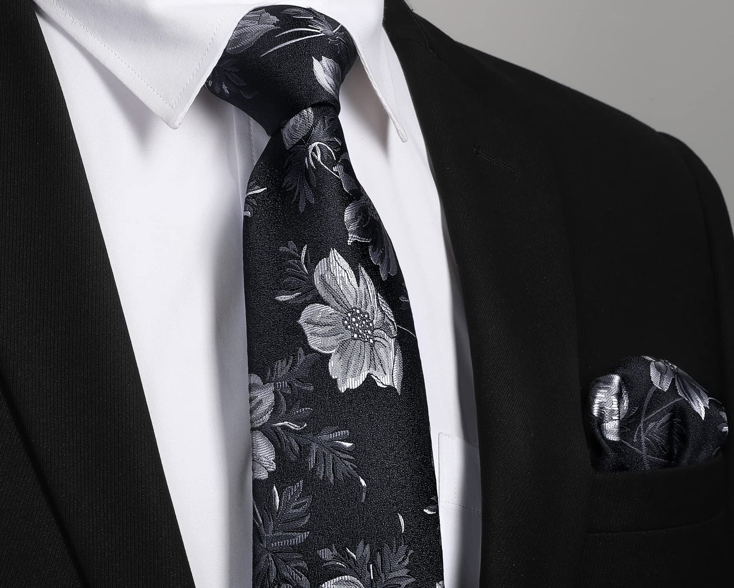 Men Floral Ties Woven Classic 3.4" NeckTie Set Formal Tie Pocket Square for Wedding with Handkerchief