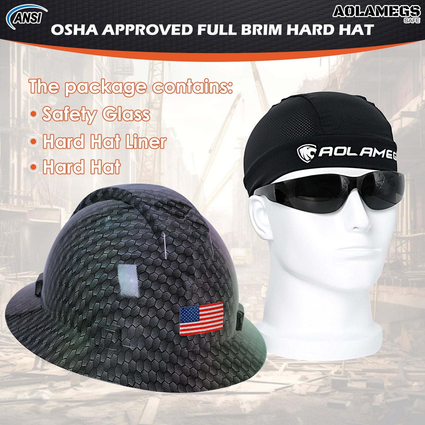 Stylish Full Brim Hard Hat with Visor and Liner (Option) -OSHA Approved Construction Safety Helmet for Men Women,ANSI Z89.1 Carbon Fiber Pattern Hardhats with Glasses and Chin Strap,4-pt