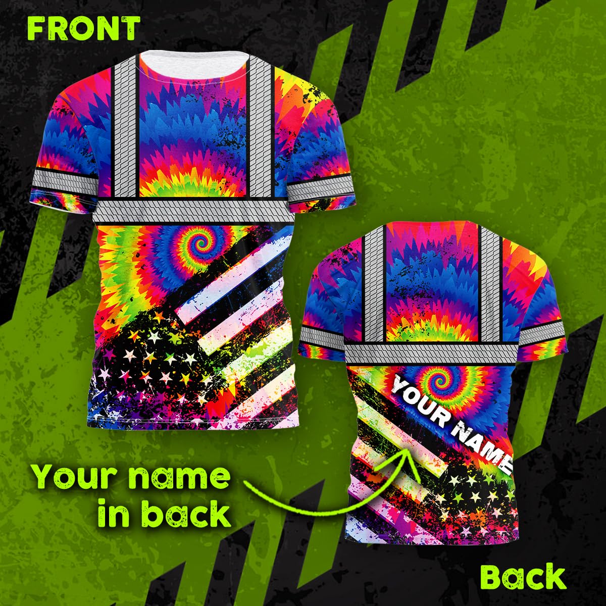 Color US Flag Skull High Visibility Shirt for Men Custom Name Safety Shirts Workwear for Patriotic, Runners