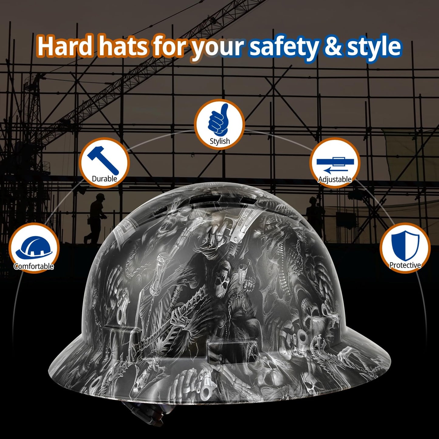 Full Brim Hard Hat - OSHA Safety Helmet Durable Lightweight Carbon Fiber Hard Hat, 6-Point Ratchet Suspension Protective Gear for Men and Women