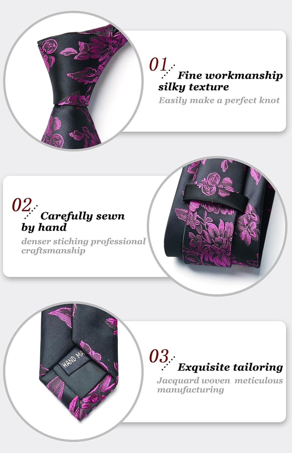 Men Floral Ties Woven Classic 3.4" NeckTie Set Formal Tie Pocket Square for Wedding with Handkerchief