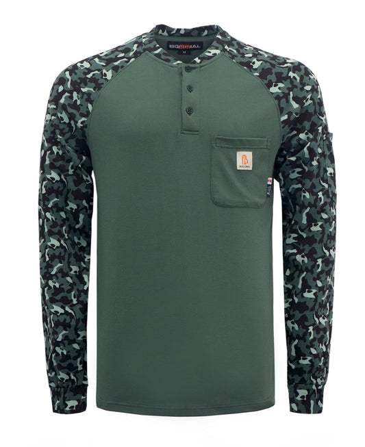 BOCOMAL FR Shirts Flame Resistant Henley Printed and Camo Two Tone 7oz Men's Fire Retardant Work Shirts