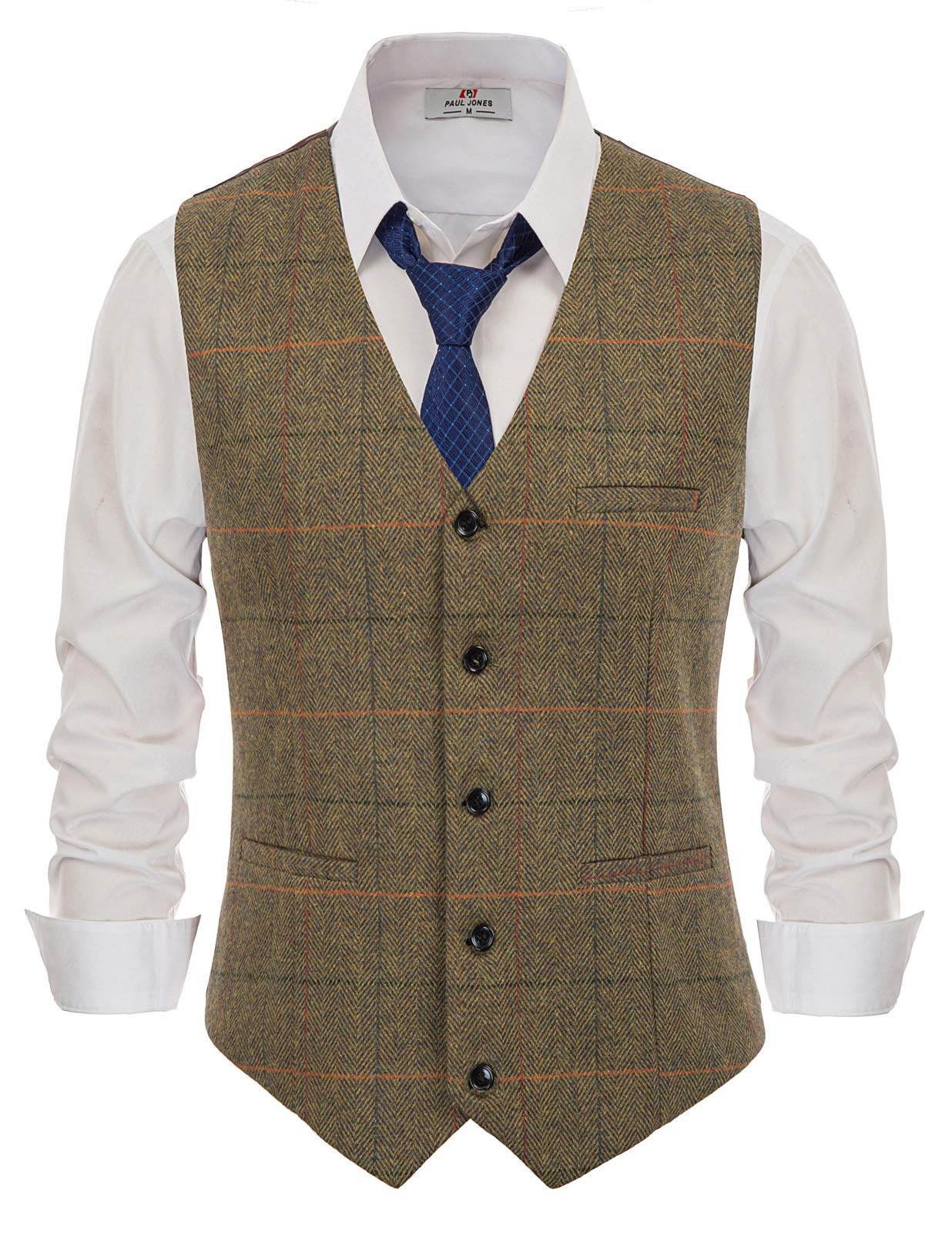 PJ PAUL JONES Men's Herringbone Tweed Suit Vest Casual Wool Blend Waistcoat