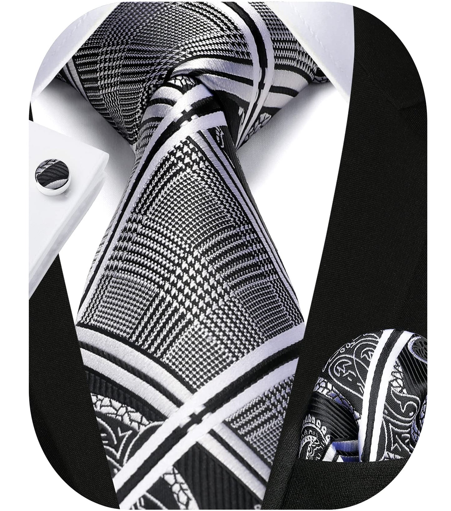 HISDERN Mens Ties Set Stripe Plaid Ties for Men and Pocket Square Cufflinks Formal Silk Necktie Wedding Business