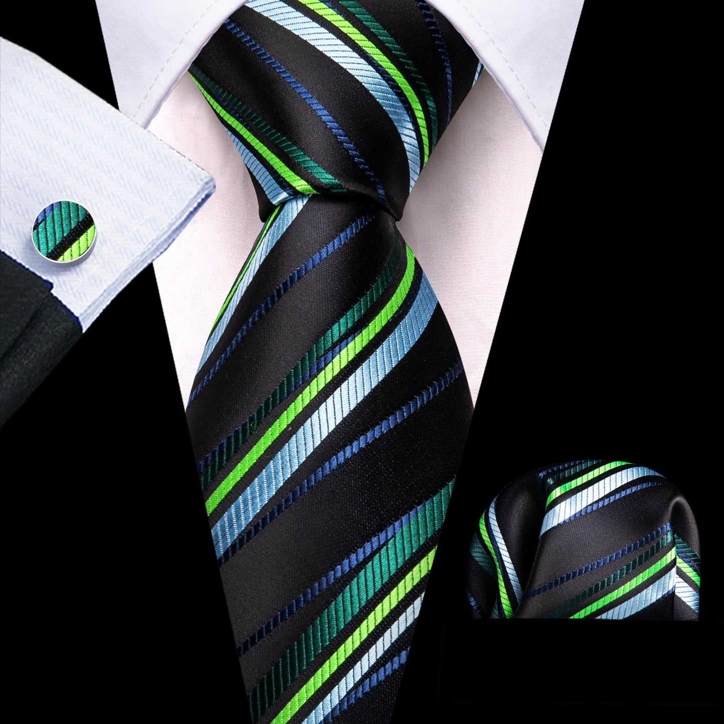 Barry.Wang Stripe Men Ties Set Classic WOVEN Necktie with Handkerchief Cufflinks Formal