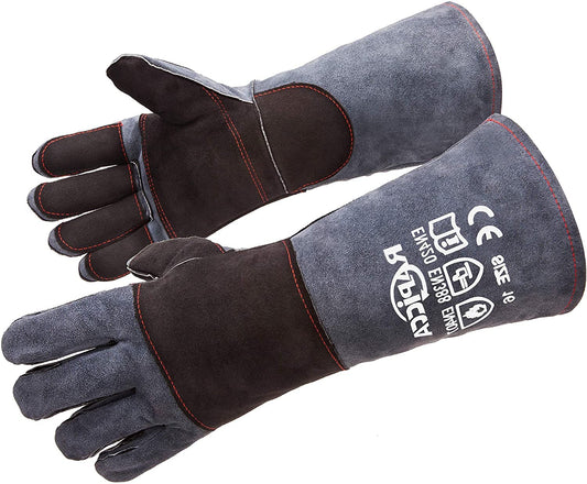 RAPICCA Fireplace Gloves Fire Heat Resistant: Dark-Grey 16IN 932℉ - Fireproof Leather for Fireplace Fire pit Wood stove Campfire Furnace BBQ Grill Stick Mig Welding Welder Gear - one size