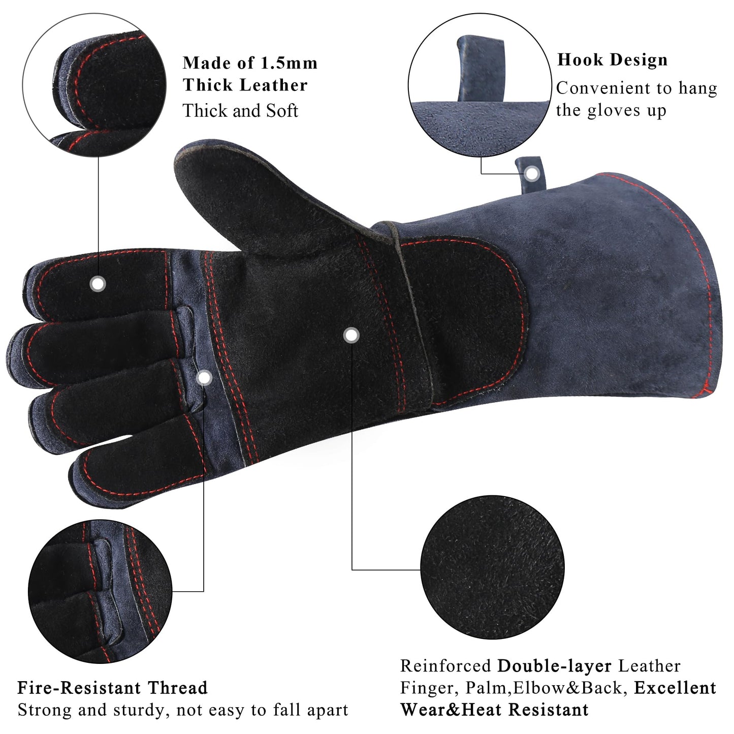 RAPICCA Fireplace Gloves Fire Heat Resistant: Dark-Grey 16IN 932℉ - Fireproof Leather for Fireplace Fire pit Wood stove Campfire Furnace BBQ Grill Stick Mig Welding Welder Gear - one size