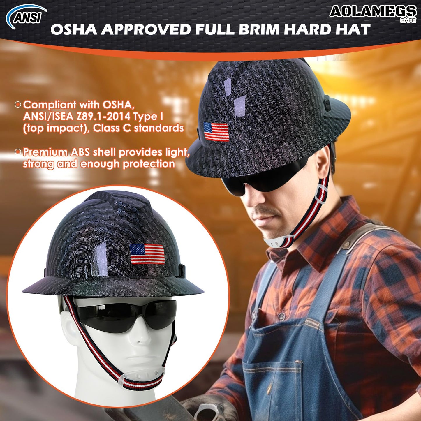 Stylish Full Brim Hard Hat with Visor and Liner (Option) -OSHA Approved Construction Safety Helmet for Men Women,ANSI Z89.1 Carbon Fiber Pattern Hardhats with Glasses and Chin Strap,4-pt