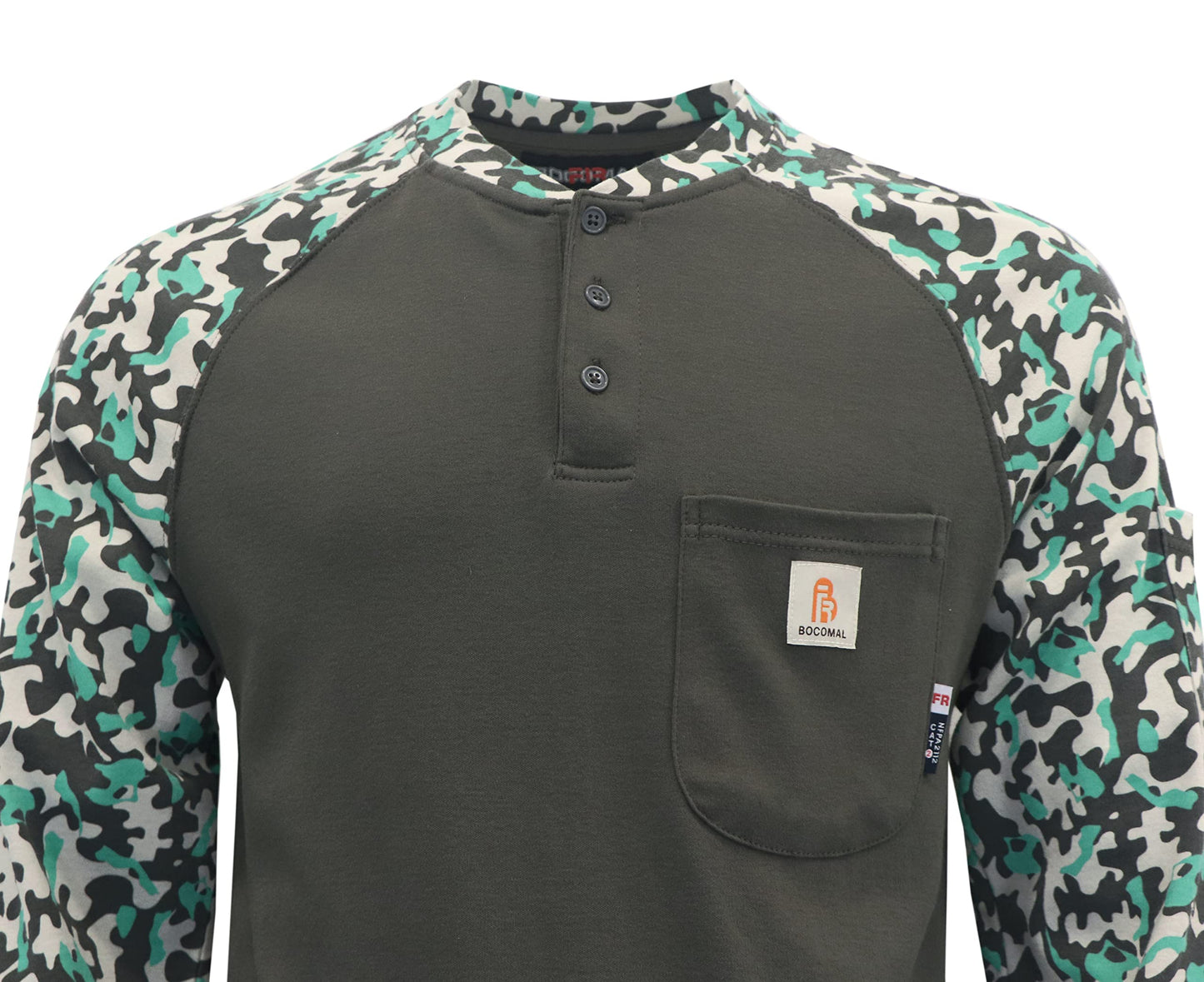 BOCOMAL FR Shirts Flame Resistant Henley Printed and Camo Two Tone 7oz Men's Fire Retardant Work Shirts