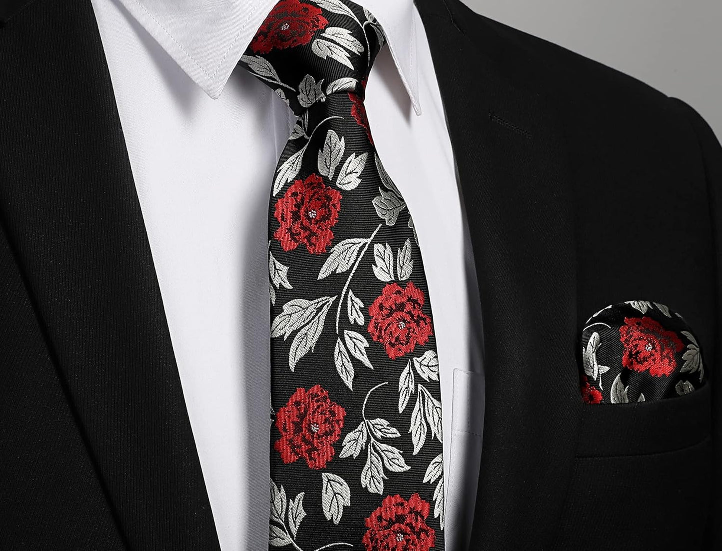 Men Floral Ties Woven Classic 3.4" NeckTie Set Formal Tie Pocket Square for Wedding with Handkerchief