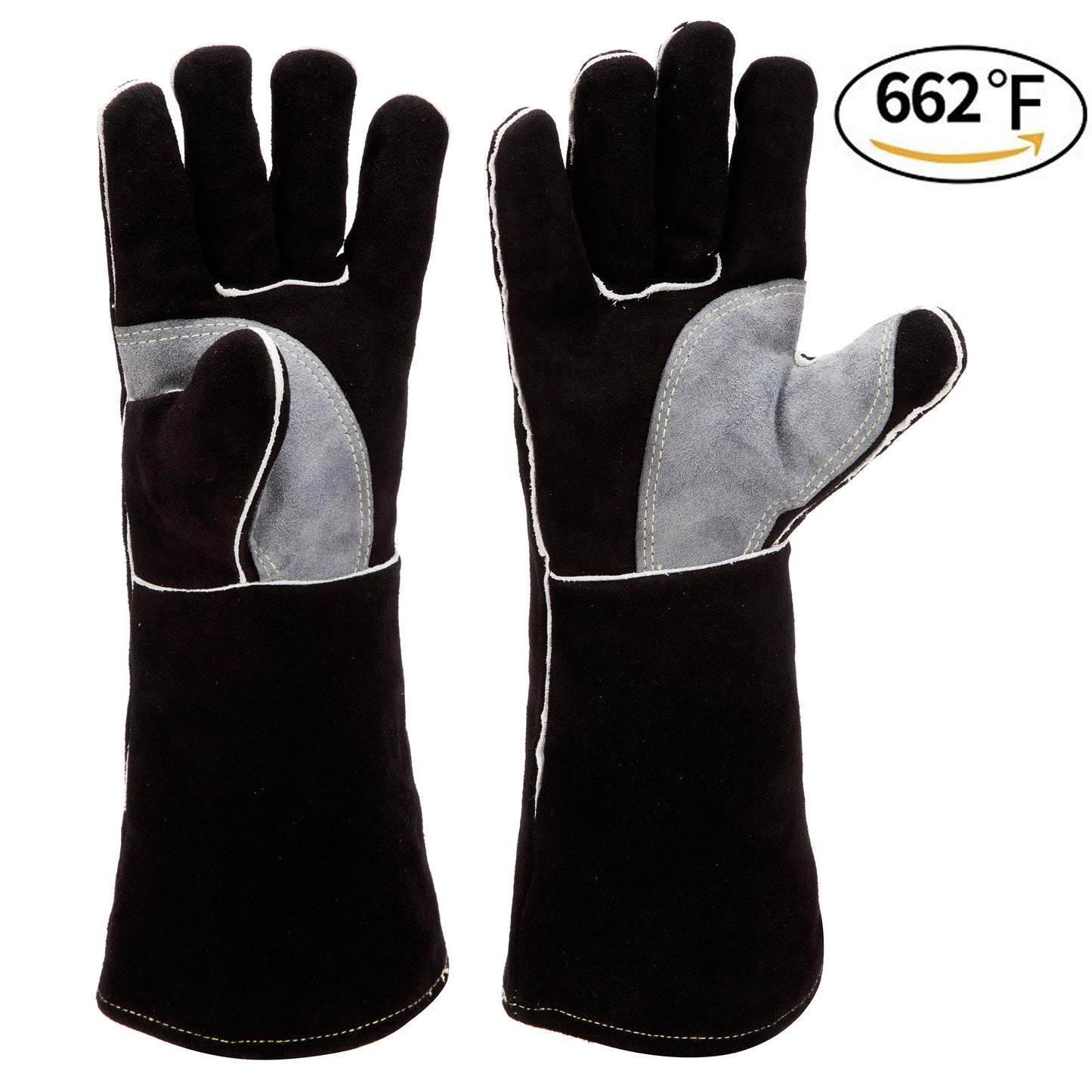 RAPICCA Fireplace Gloves Fire Heat Resistant: Dark-Grey 16IN 932℉ - Fireproof Leather for Fireplace Fire pit Wood stove Campfire Furnace BBQ Grill Stick Mig Welding Welder Gear - one size