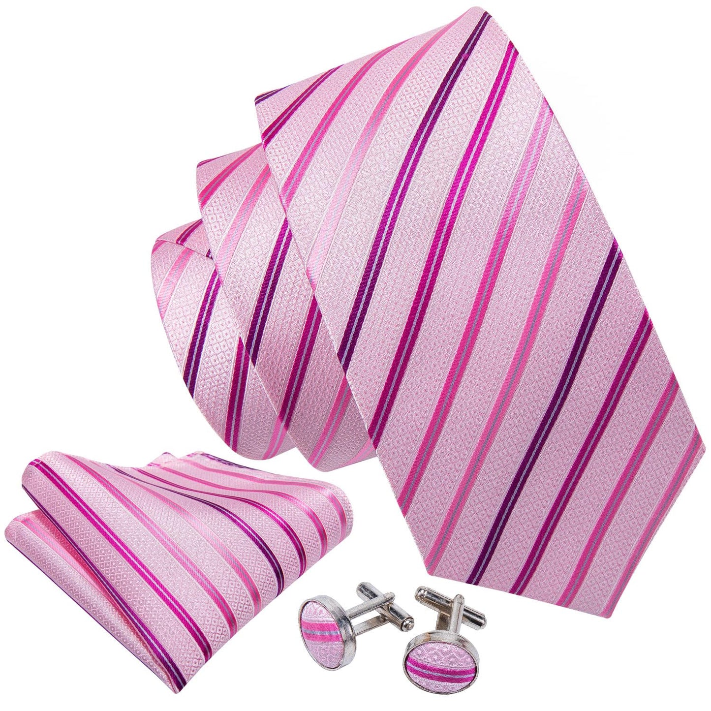 Barry.Wang Stripe Men Ties Set Classic WOVEN Necktie with Handkerchief Cufflinks Formal