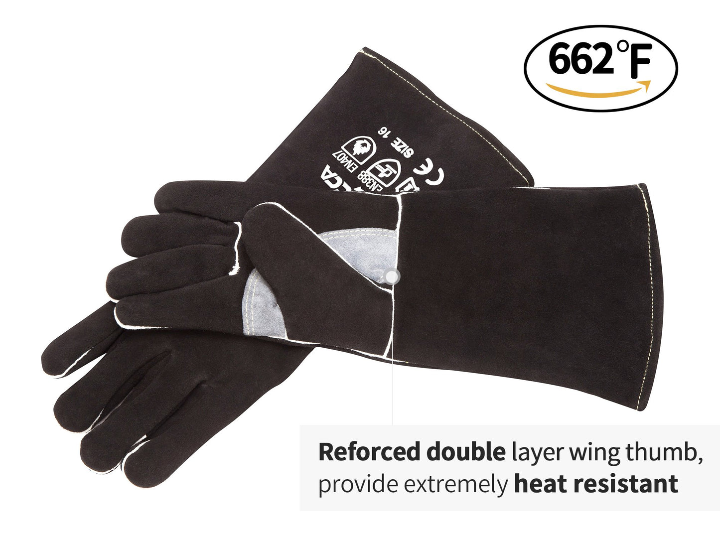 RAPICCA Fireplace Gloves Fire Heat Resistant: Dark-Grey 16IN 932℉ - Fireproof Leather for Fireplace Fire pit Wood stove Campfire Furnace BBQ Grill Stick Mig Welding Welder Gear - one size