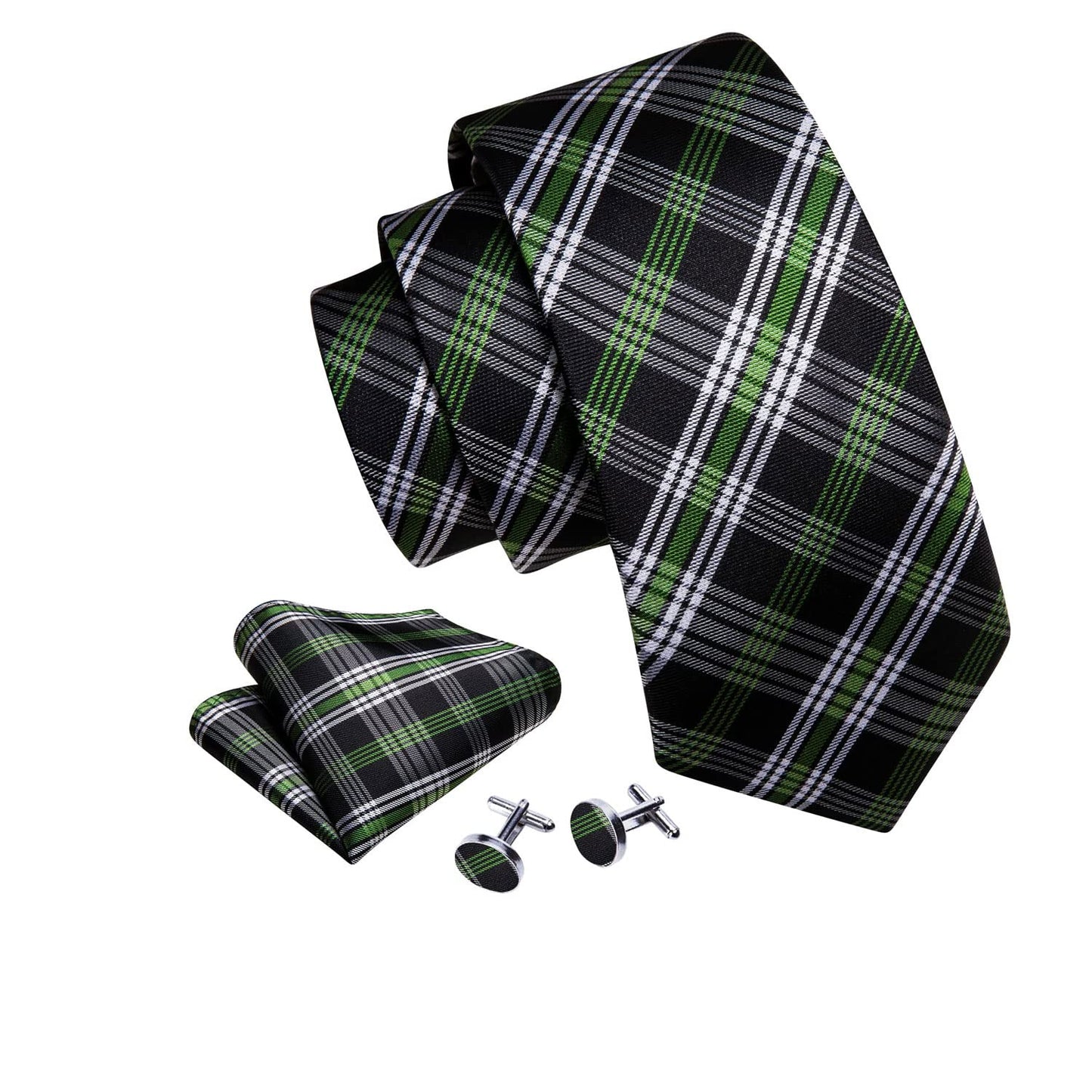 Barry.Wang Designer Classic Ties for Men Set Formal Pocket Square Cufflink Check Plaid