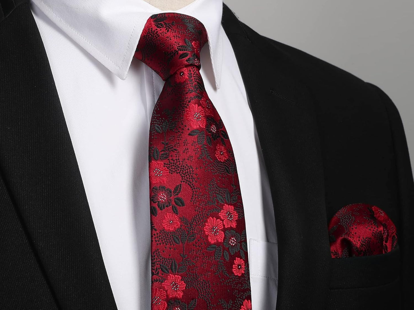 Men Floral Ties Woven Classic 3.4" NeckTie Set Formal Tie Pocket Square for Wedding with Handkerchief