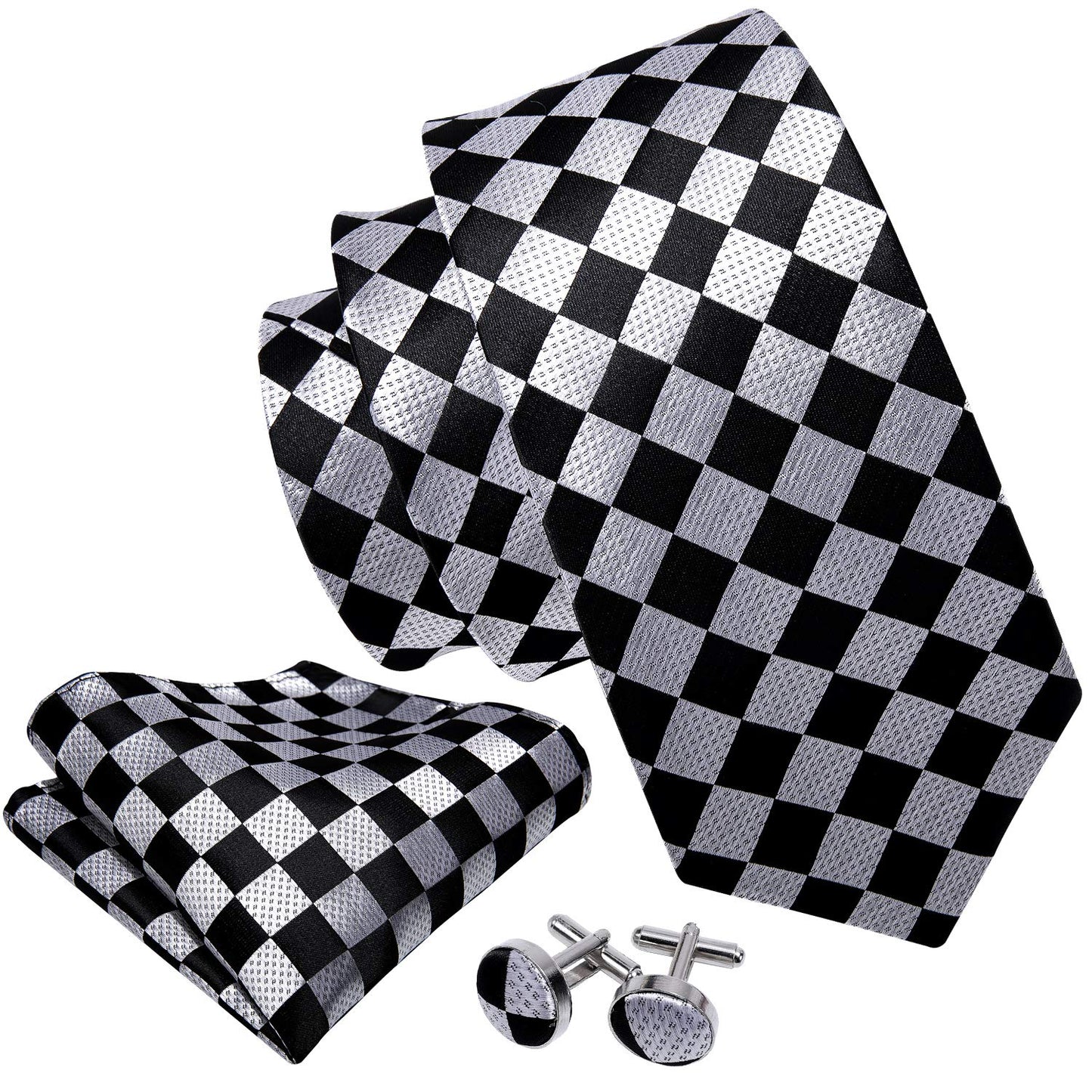 Barry.Wang Designer Classic Ties for Men Set Formal Pocket Square Cufflink Check Plaid