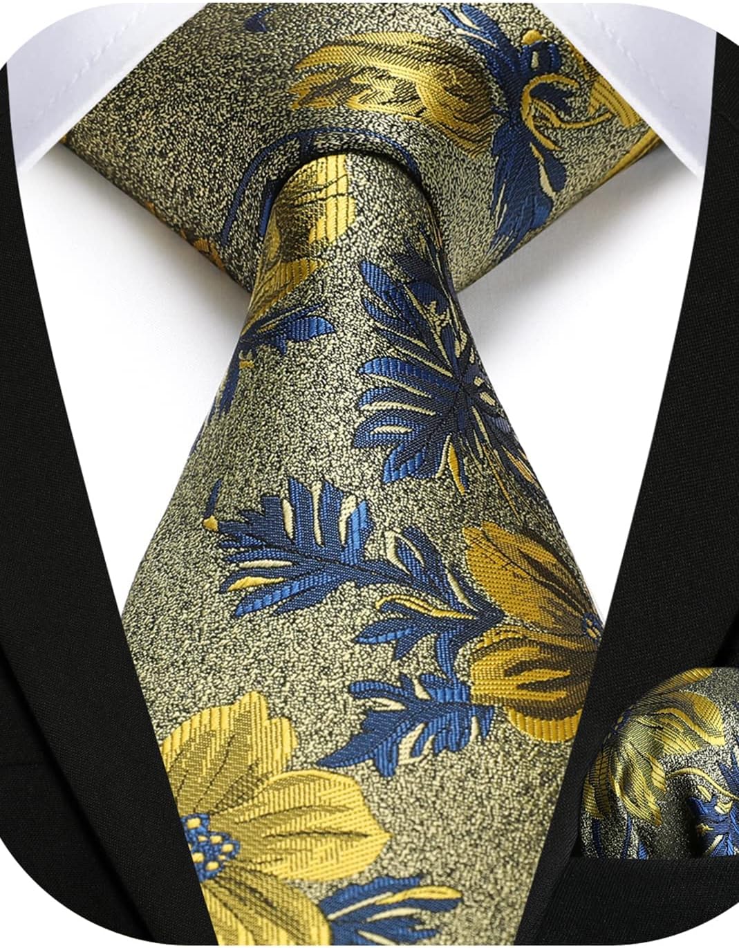 Men Floral Ties Woven Classic 3.4" NeckTie Set Formal Tie Pocket Square for Wedding with Handkerchief