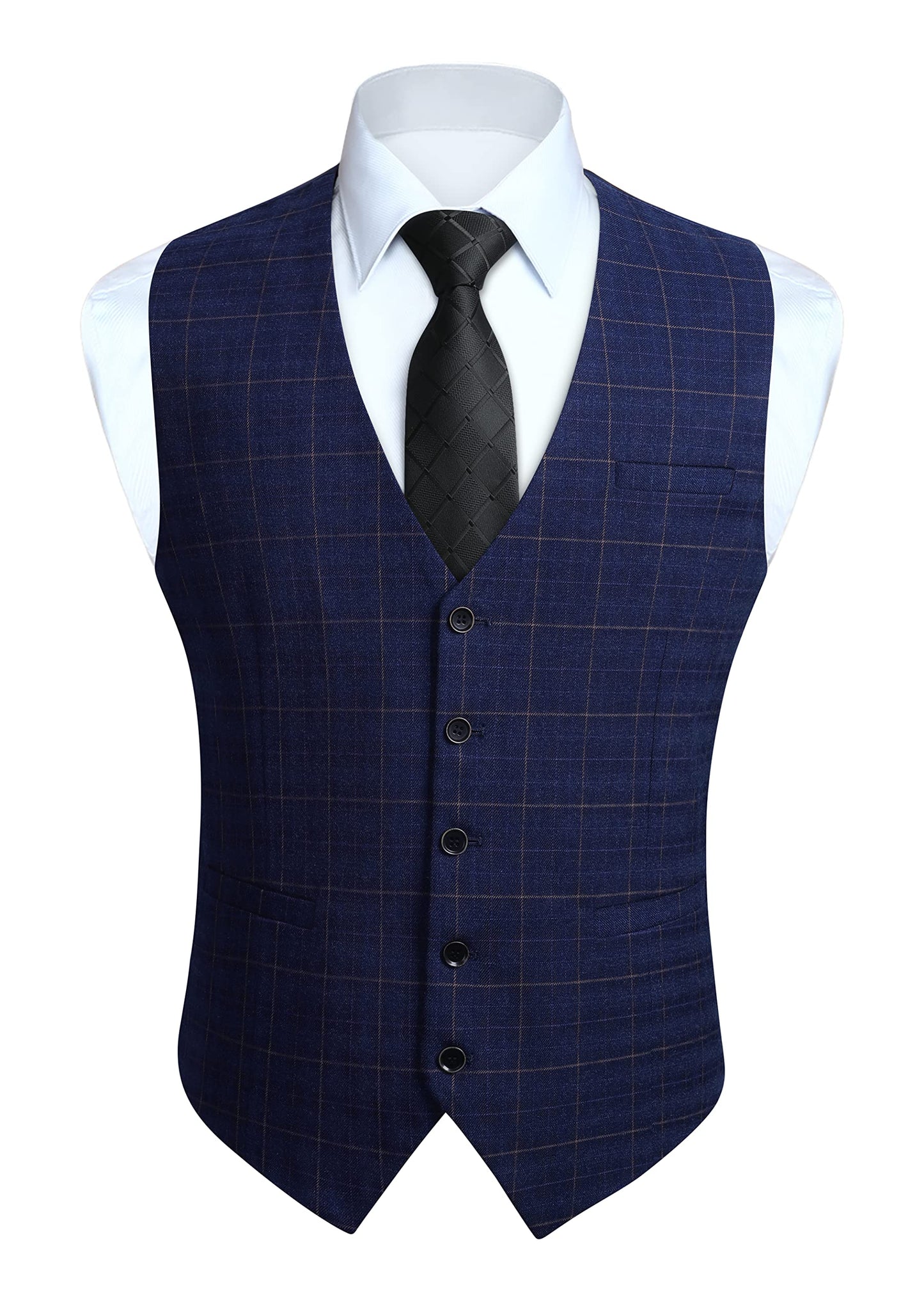 HISDERN Men's Suit Vest Plaid Dress Vest for Men Slim Fit Formal Business Waistcoat Tuxedo V-Ncek Solid Vest for Wedding