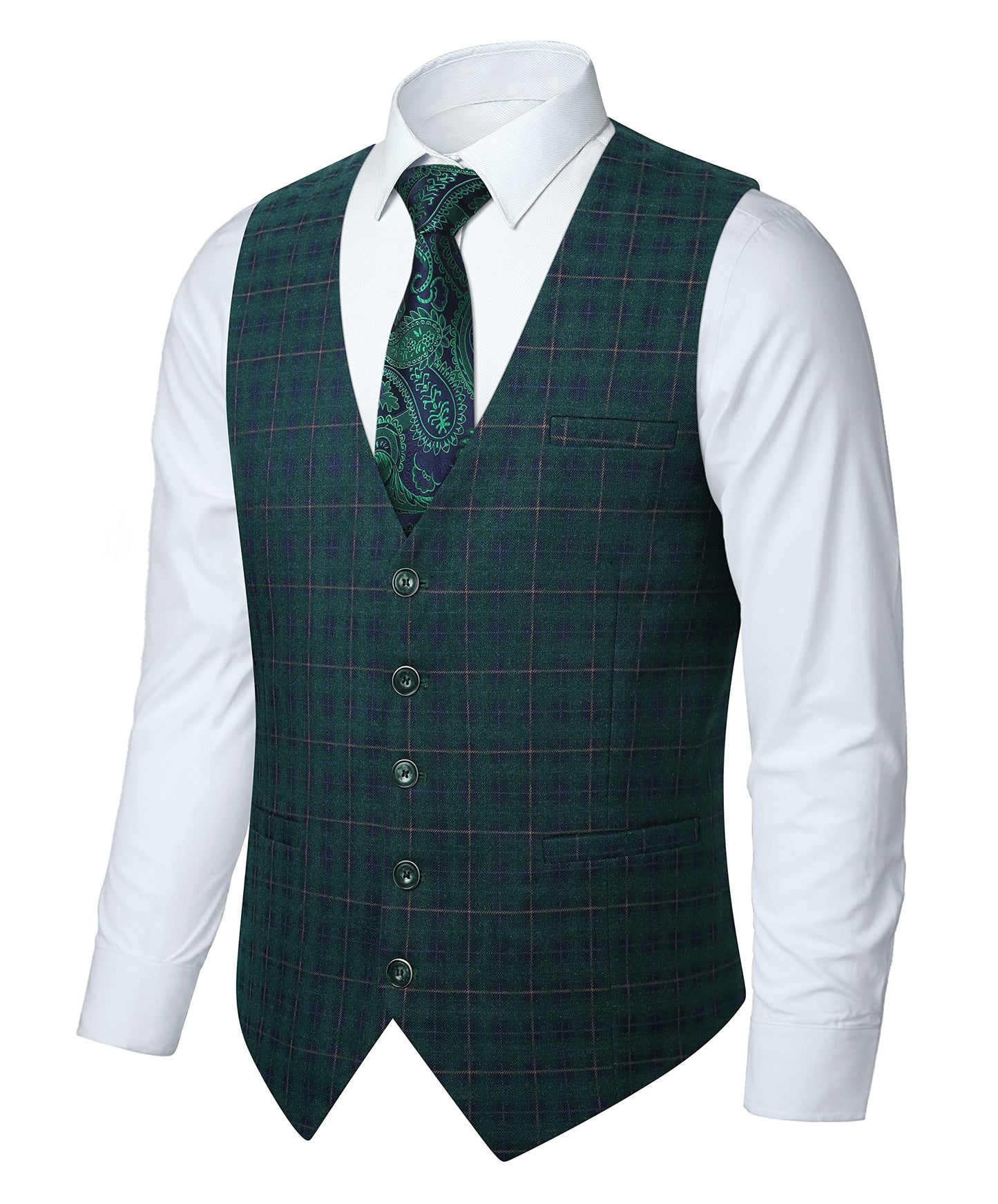 HISDERN Men's Suit Vest Plaid Dress Vest for Men Slim Fit Formal Business Waistcoat Tuxedo V-Ncek Solid Vest for Wedding