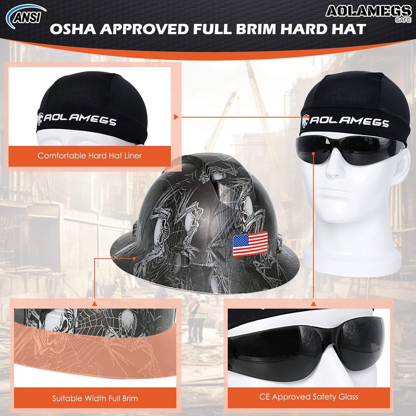 Stylish Full Brim Hard Hat with Visor and Liner (Option) -OSHA Approved Construction Safety Helmet for Men Women,ANSI Z89.1 Carbon Fiber Pattern Hardhats with Glasses and Chin Strap,4-pt