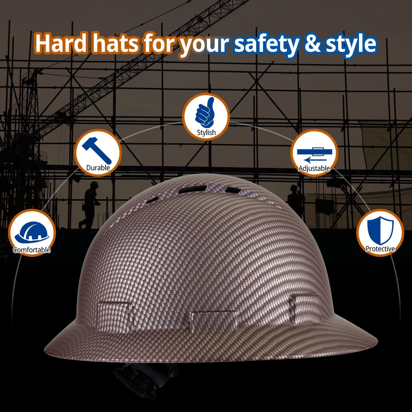 Full Brim Hard Hat - OSHA Safety Helmet Durable Lightweight Carbon Fiber Hard Hat, 6-Point Ratchet Suspension Protective Gear for Men and Women