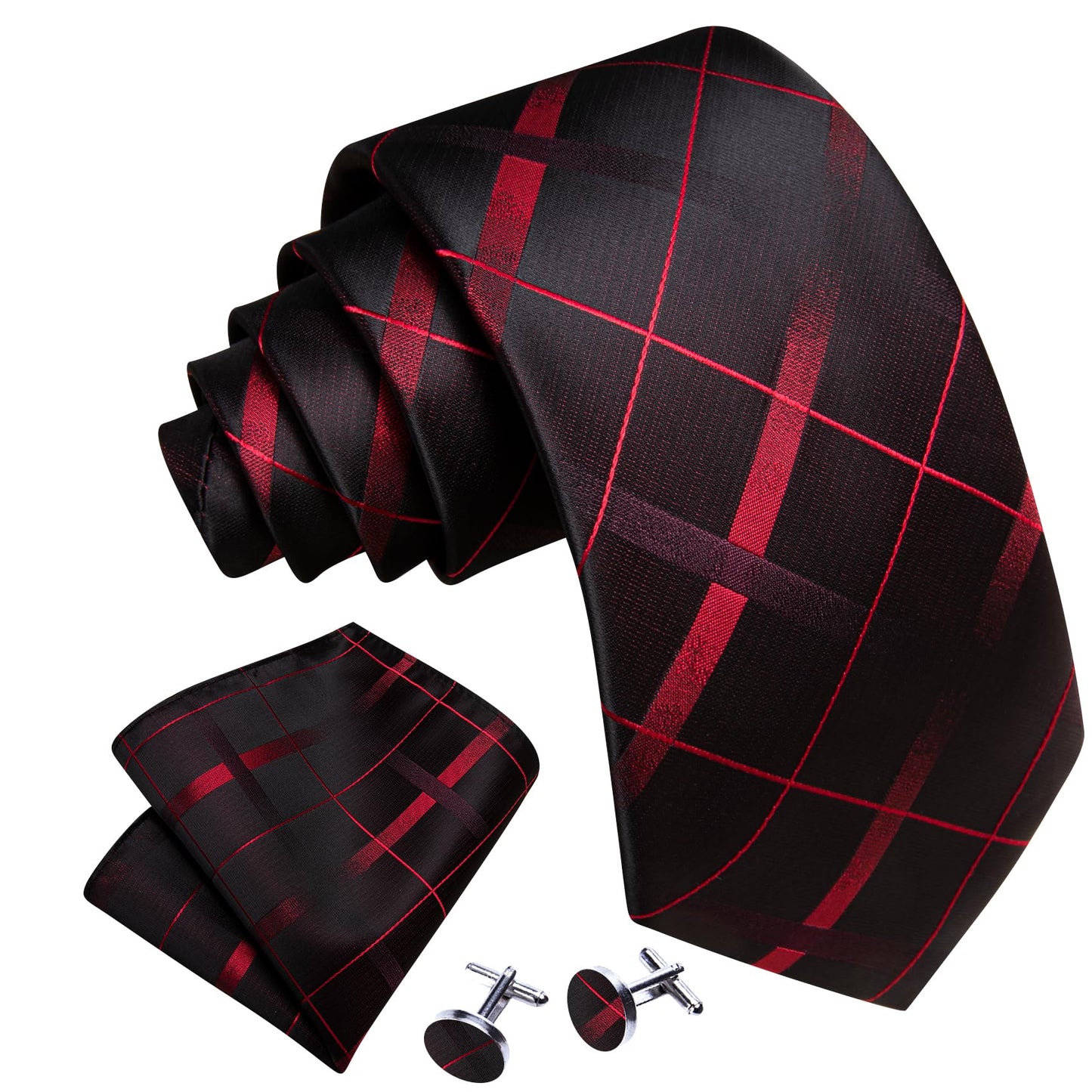 Barry.Wang Designer Classic Ties for Men Set Formal Pocket Square Cufflink Check Plaid