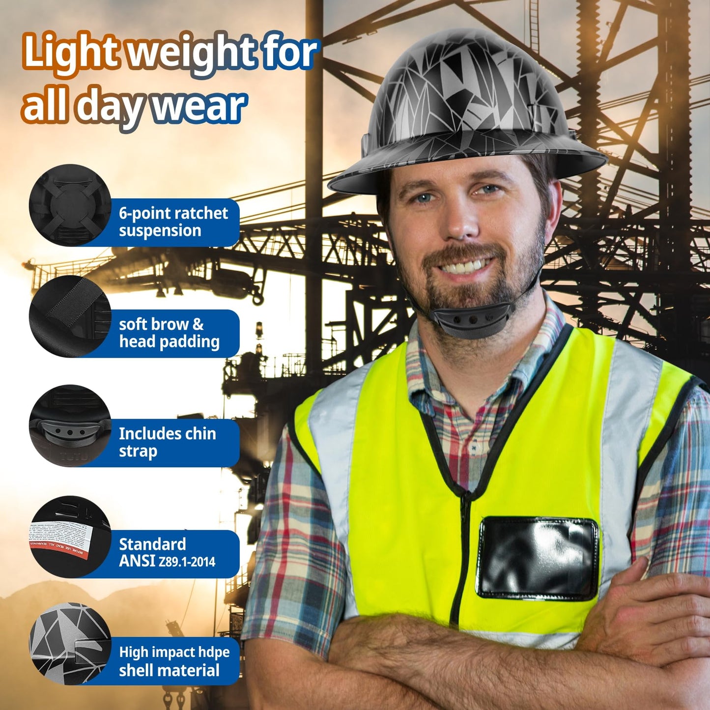 Full Brim Hard Hat - OSHA Safety Helmet Durable Lightweight Carbon Fiber Hard Hat, 6-Point Ratchet Suspension Protective Gear for Men and Women