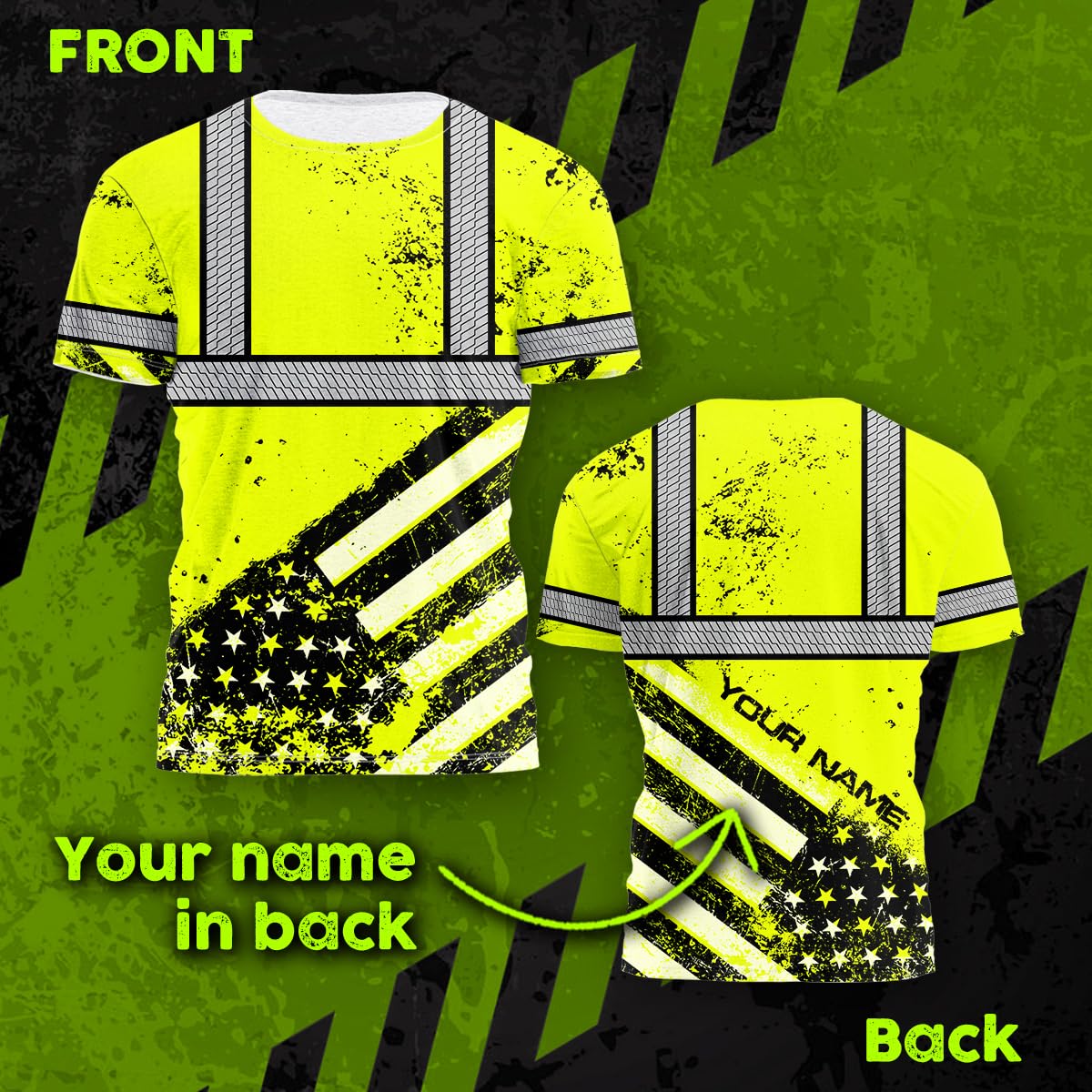 Color US Flag Skull High Visibility Shirt for Men Custom Name Safety Shirts Workwear for Patriotic, Runners