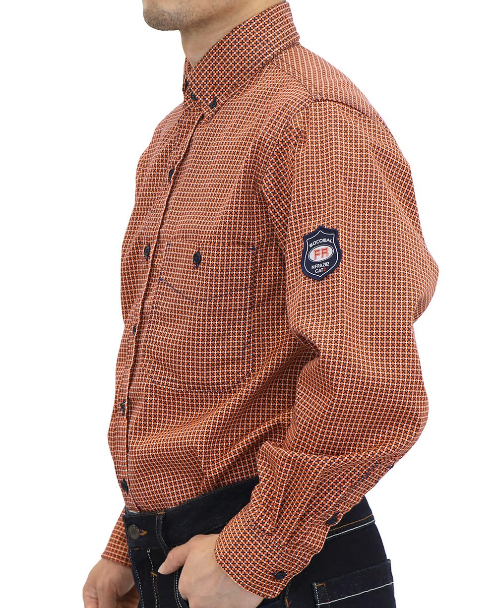 BOCOMAL FR Shirts for Men Printed Plaid Flame Resistant Clothing 6.5oz Cotton Button Up Welding Shirts NFPA2112 CAT2