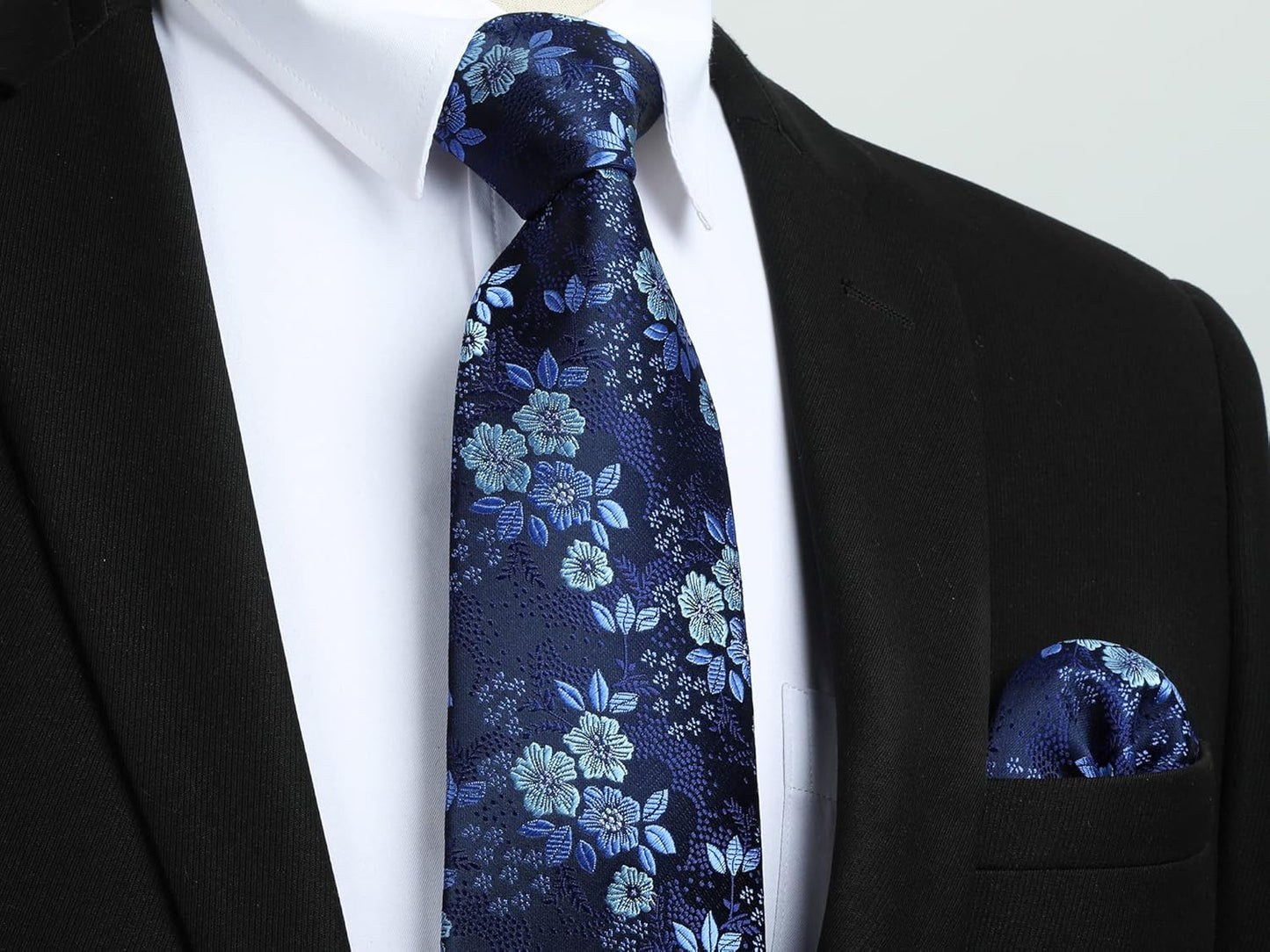 Men Floral Ties Woven Classic 3.4" NeckTie Set Formal Tie Pocket Square for Wedding with Handkerchief