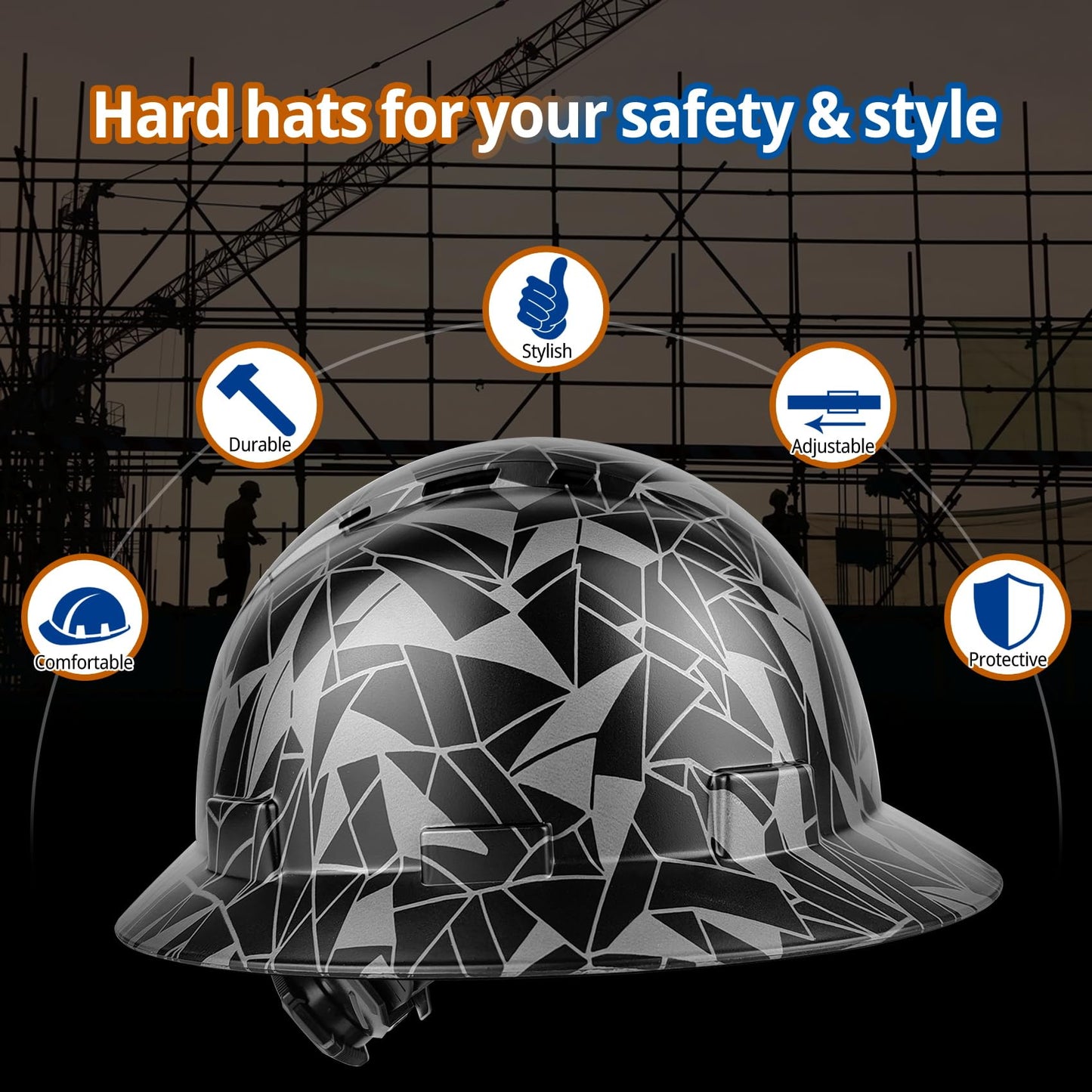 Full Brim Hard Hat - OSHA Safety Helmet Durable Lightweight Carbon Fiber Hard Hat, 6-Point Ratchet Suspension Protective Gear for Men and Women