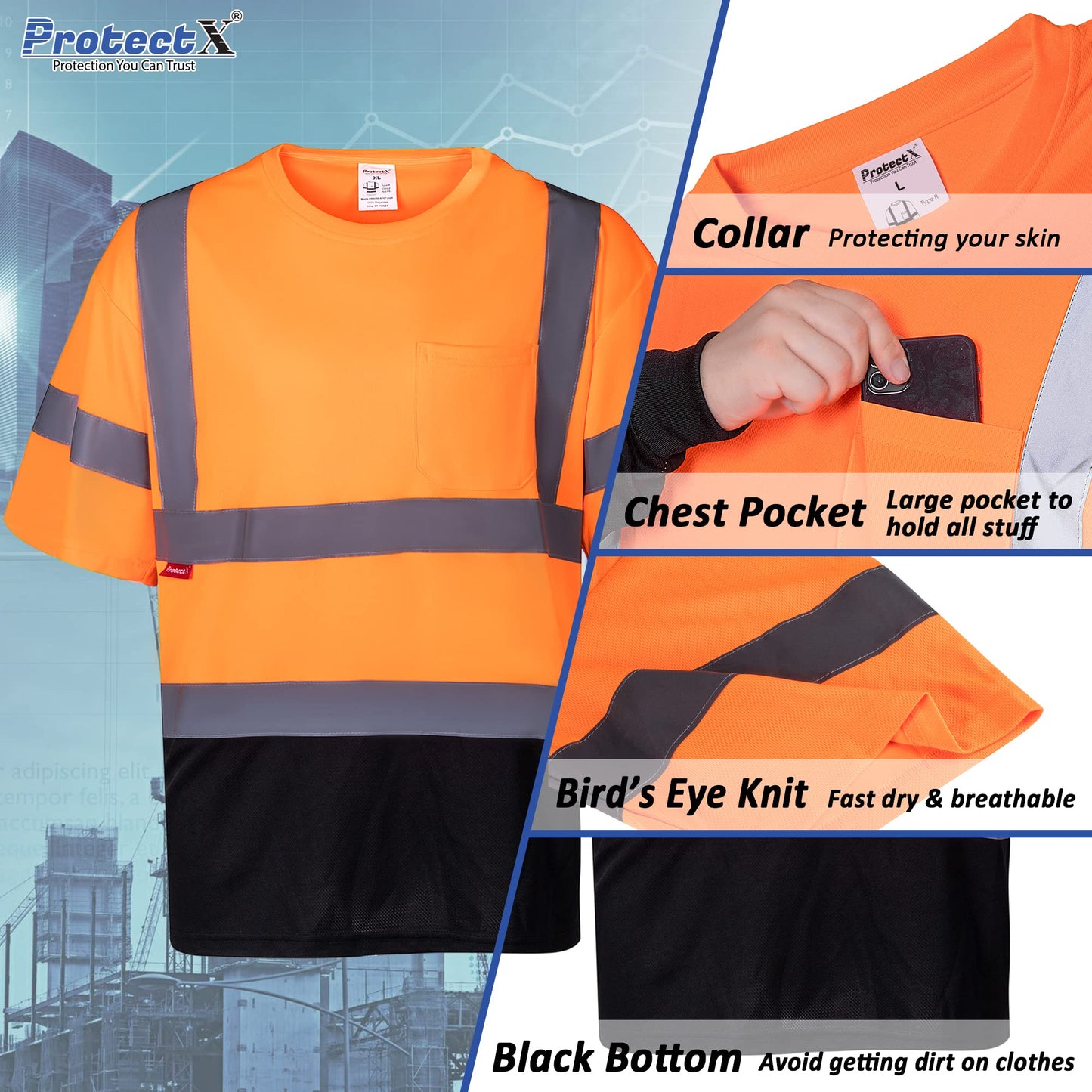 ProtectX High Visibility Short Sleeve Reflective Safety T-Shirt, Men's Heavy Duty Breathable Hi Vis Shirts, Class 2 Type R