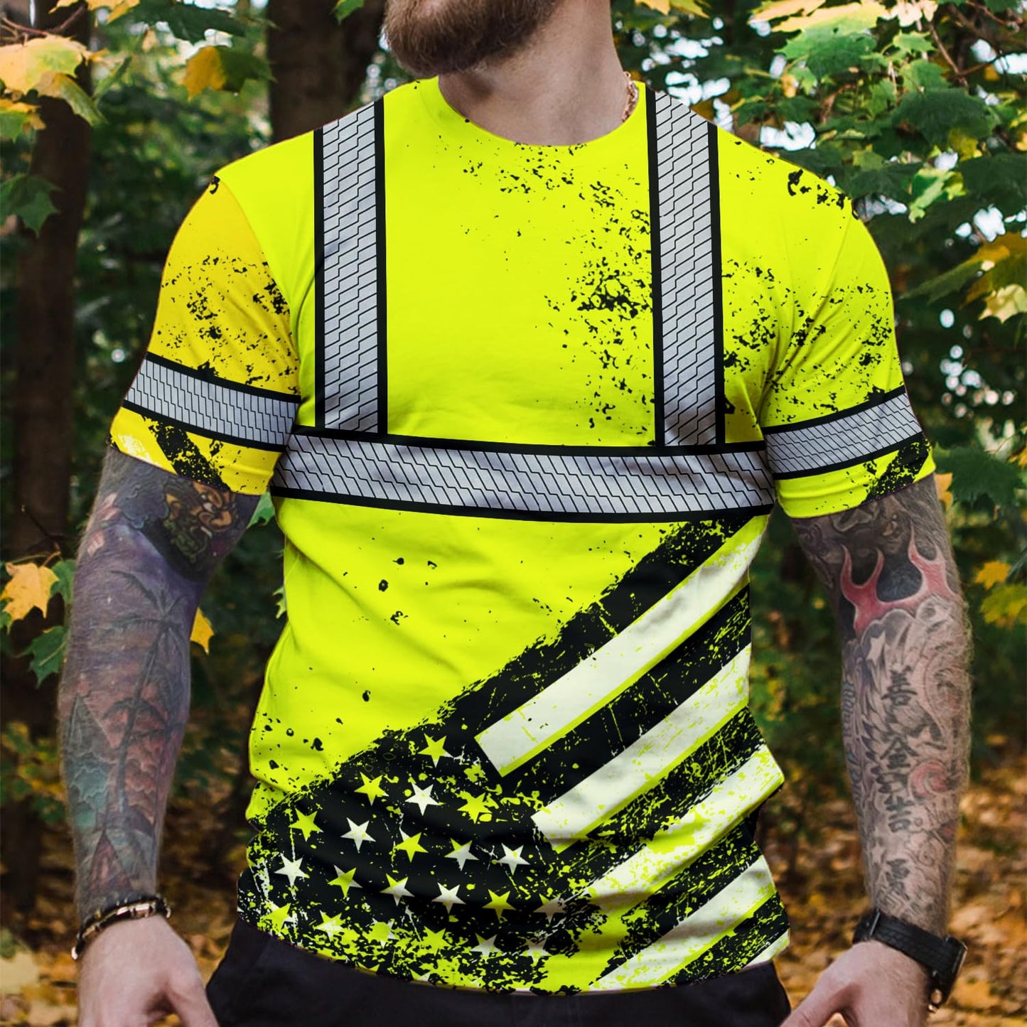 Color US Flag Skull High Visibility Shirt for Men Custom Name Safety Shirts Workwear for Patriotic, Runners