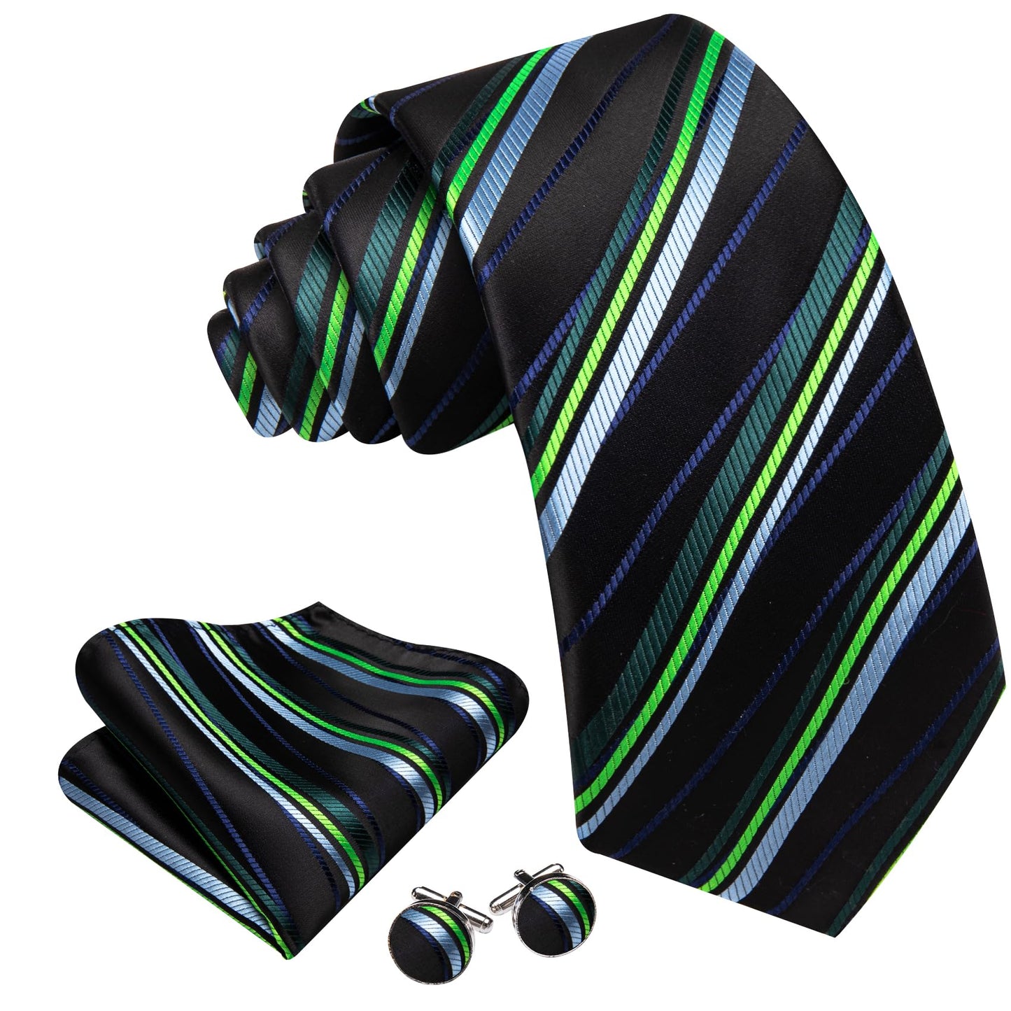 Barry.Wang Stripe Men Ties Set Classic WOVEN Necktie with Handkerchief Cufflinks Formal