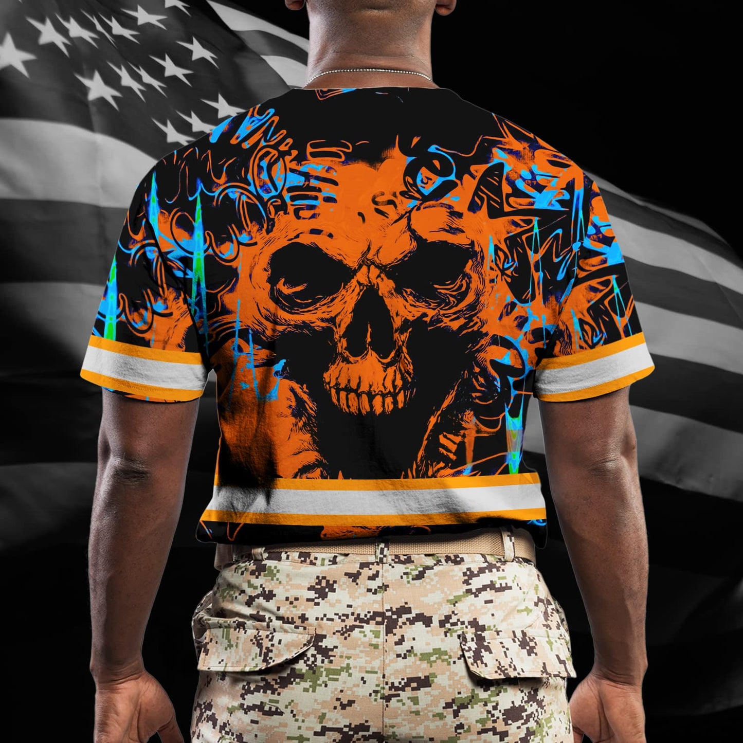 Color US Flag Skull High Visibility Shirt for Men Custom Name Safety Shirts Workwear for Patriotic, Runners