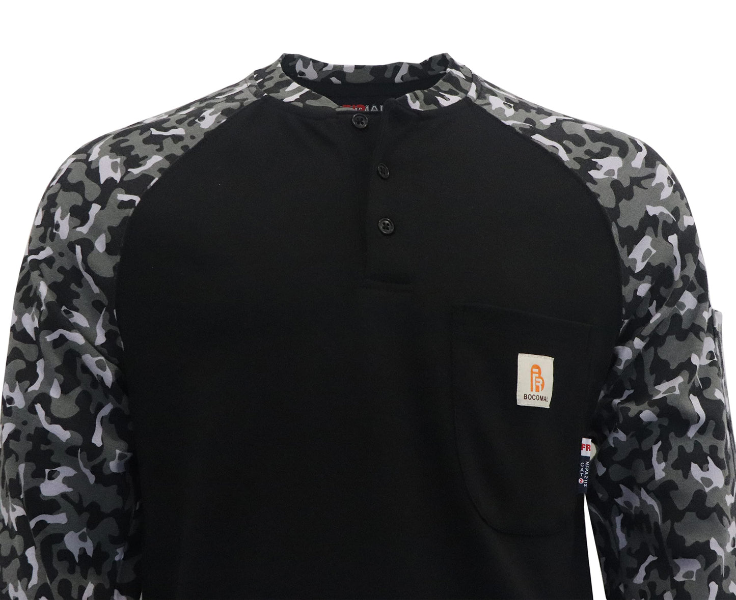 BOCOMAL FR Shirts Flame Resistant Henley Printed and Camo Two Tone 7oz Men's Fire Retardant Work Shirts