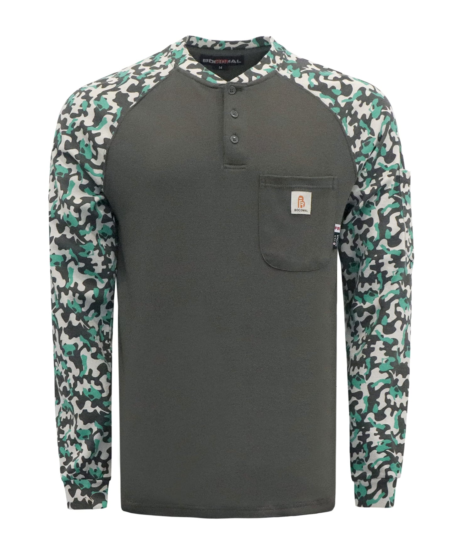 BOCOMAL FR Shirts Flame Resistant Henley Printed and Camo Two Tone 7oz Men's Fire Retardant Work Shirts