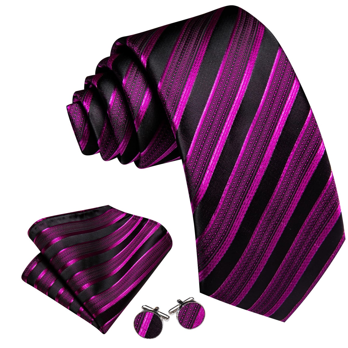 Barry.Wang Stripe Men Ties Set Classic WOVEN Necktie with Handkerchief Cufflinks Formal