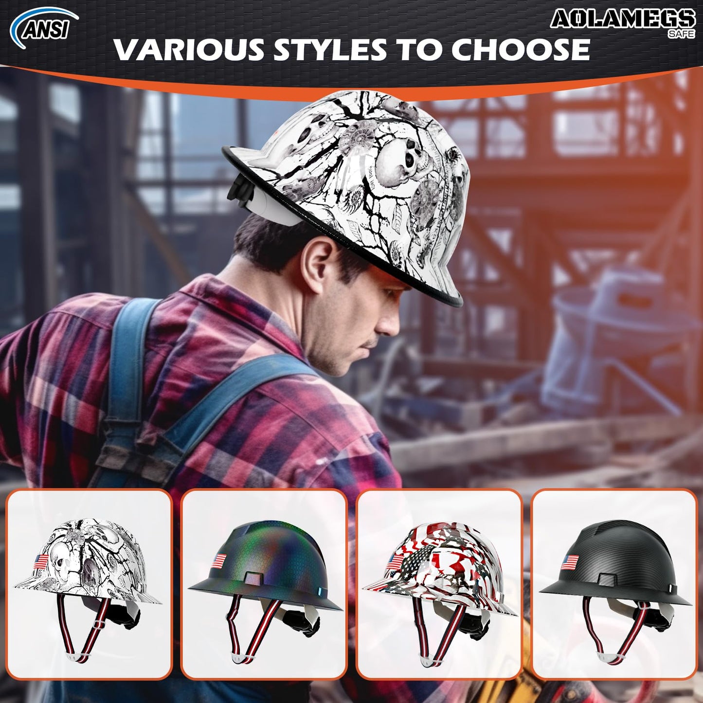 Stylish Full Brim Hard Hat with Visor and Liner (Option) -OSHA Approved Construction Safety Helmet for Men Women,ANSI Z89.1 Carbon Fiber Pattern Hardhats with Glasses and Chin Strap,4-pt