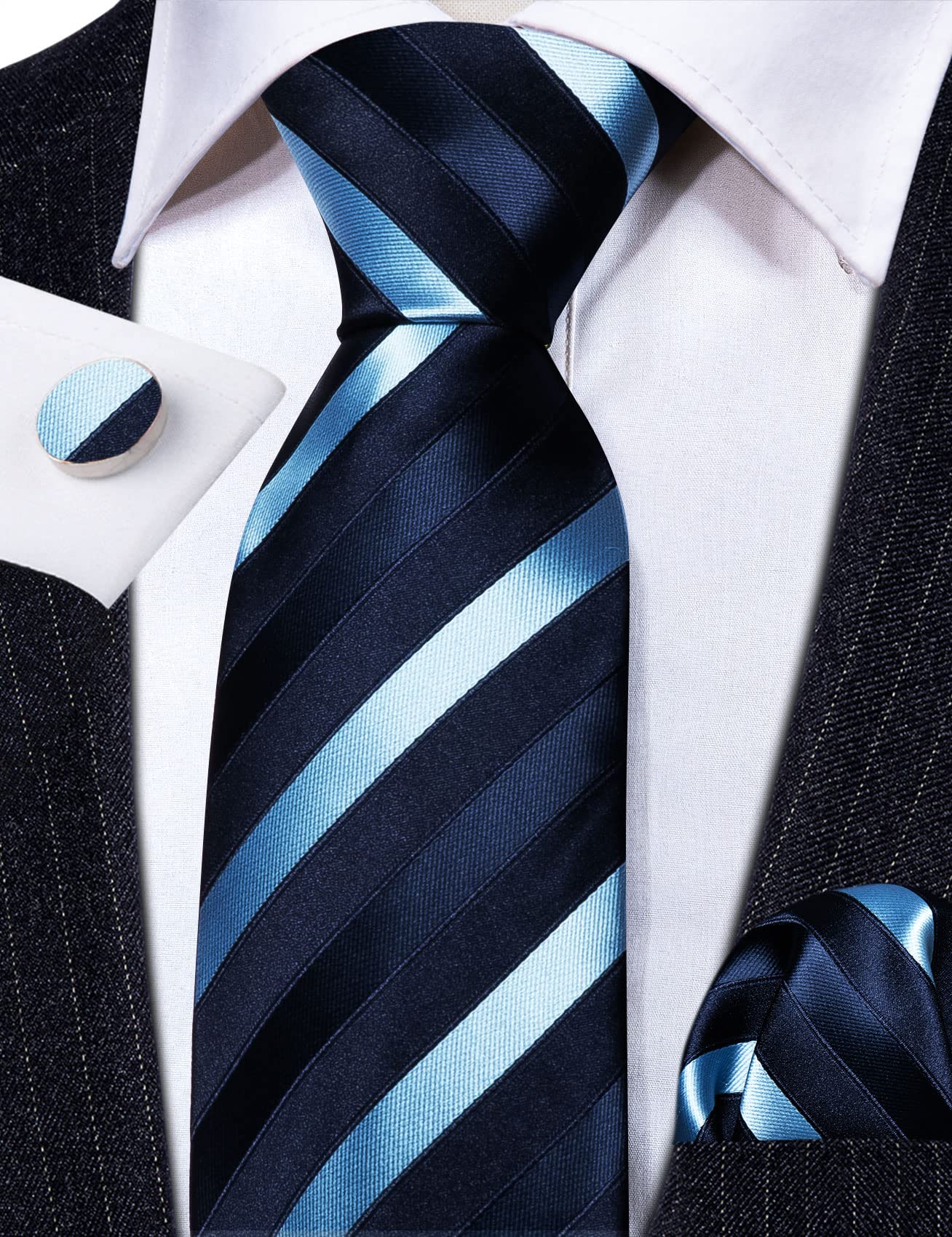 Barry.Wang Stripe Men Ties Set Classic WOVEN Necktie with Handkerchief Cufflinks Formal