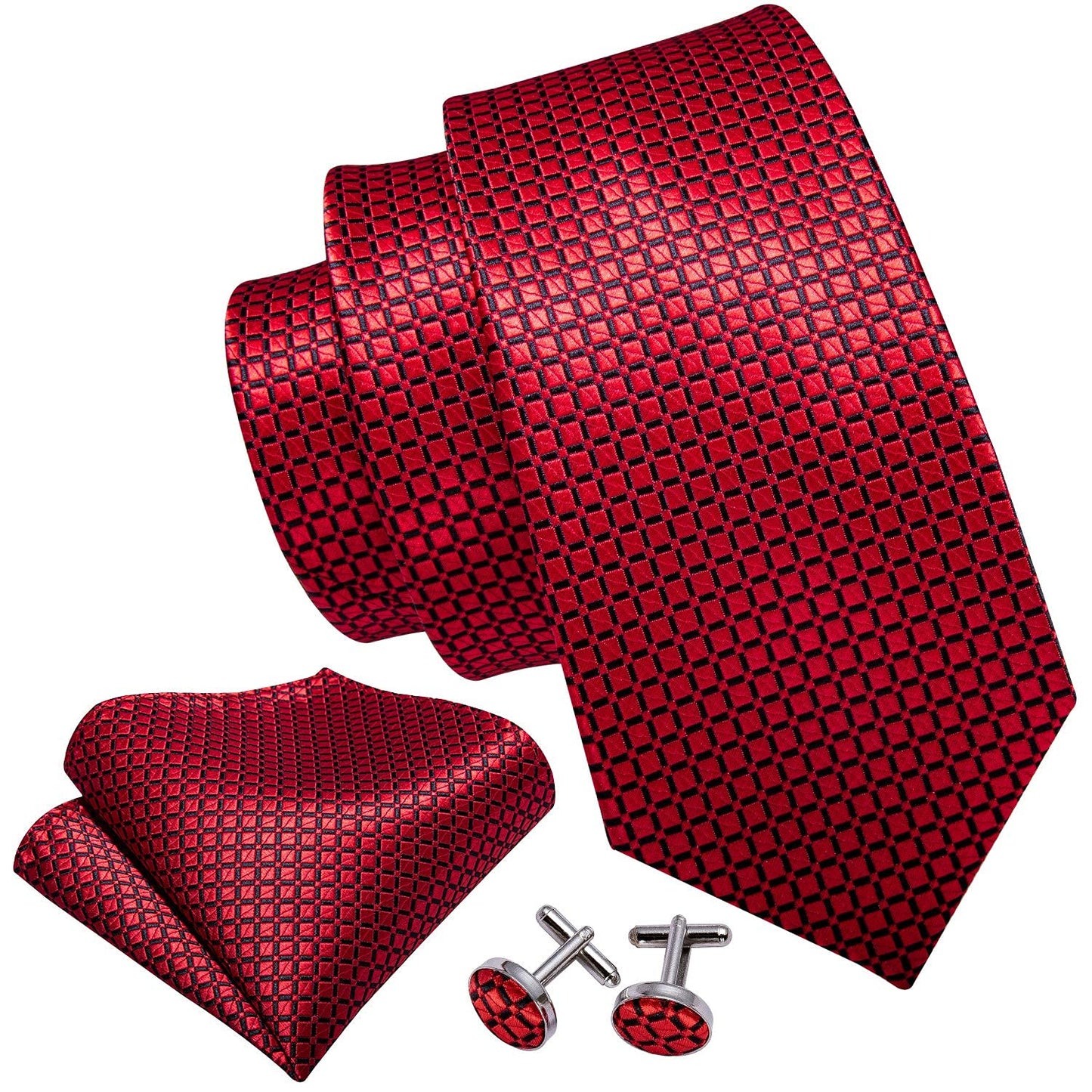 Barry.Wang Designer Classic Ties for Men Set Formal Pocket Square Cufflink Check Plaid