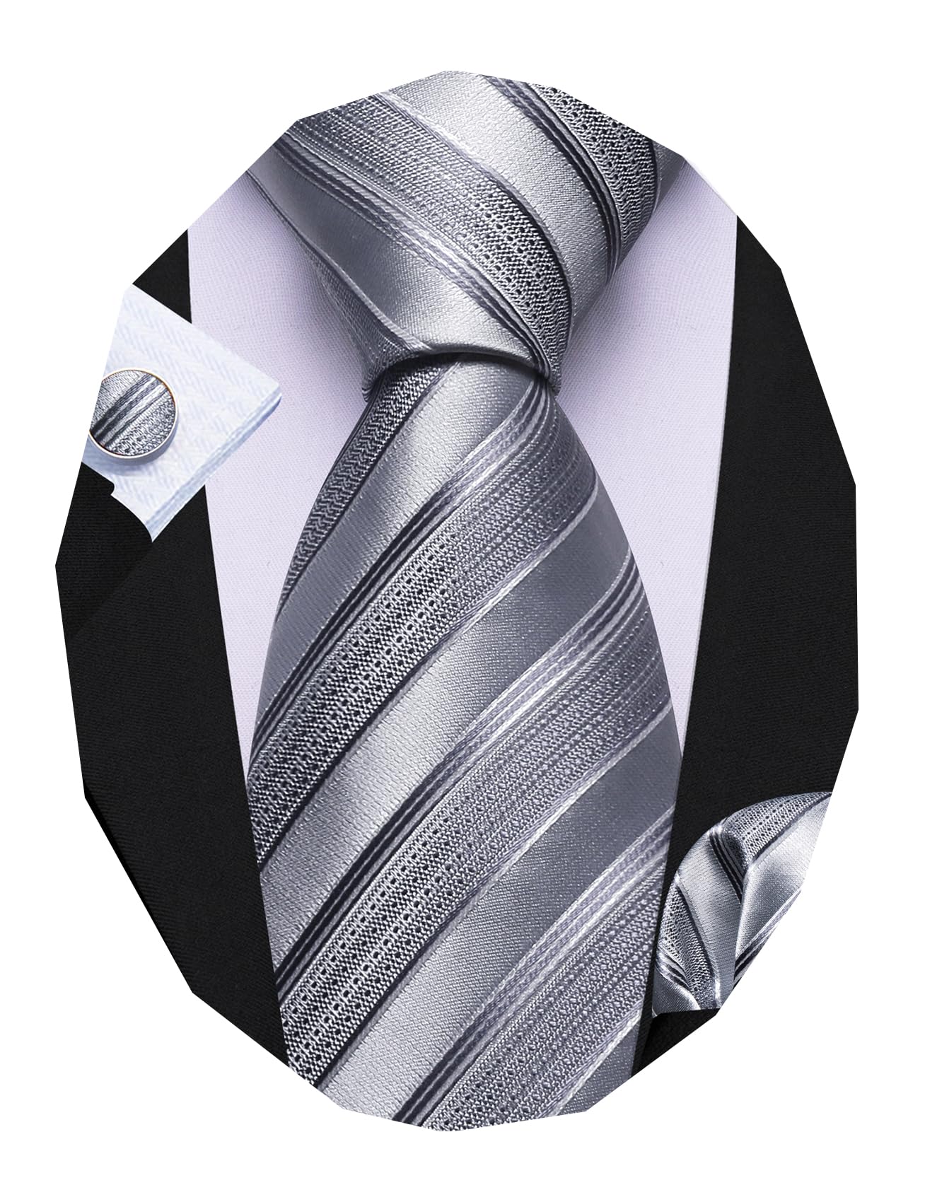 Barry.Wang Stripe Men Ties Set Classic WOVEN Necktie with Handkerchief Cufflinks Formal