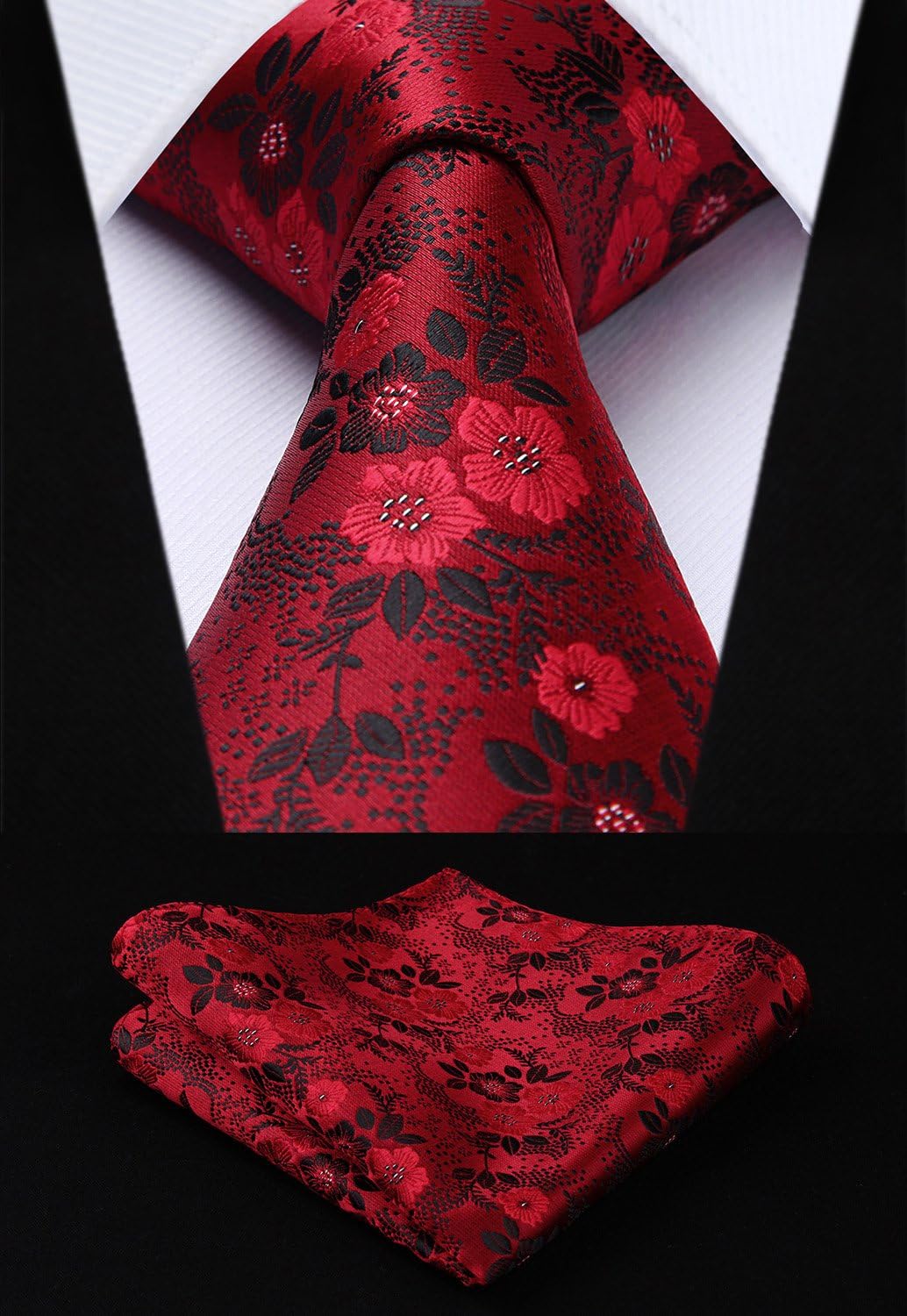 Men Floral Ties Woven Classic 3.4" NeckTie Set Formal Tie Pocket Square for Wedding with Handkerchief