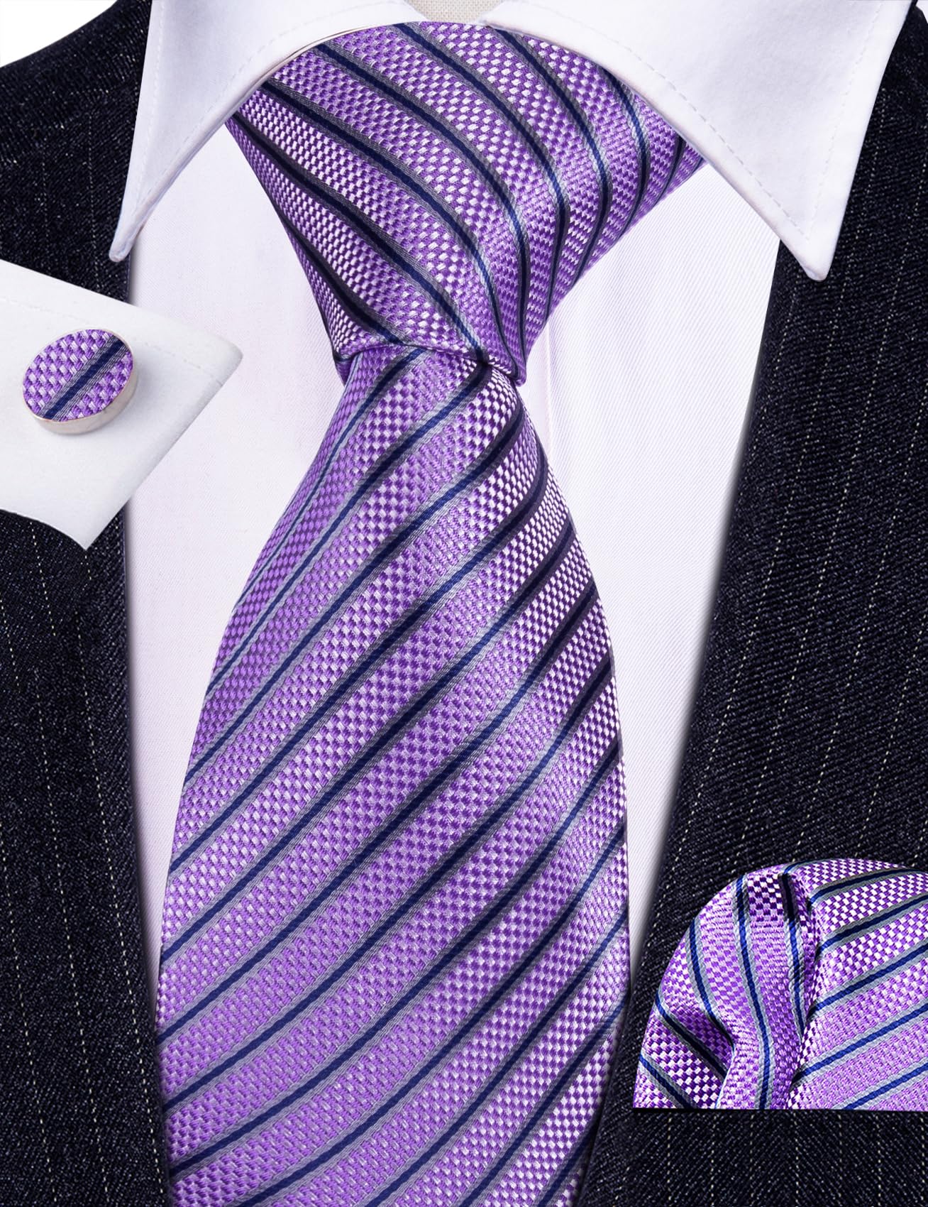 Barry.Wang Stripe Men Ties Set Classic WOVEN Necktie with Handkerchief Cufflinks Formal