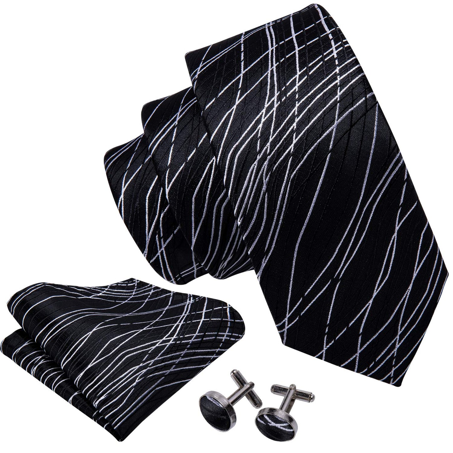 Barry.Wang Stripe Men Ties Set Classic WOVEN Necktie with Handkerchief Cufflinks Formal