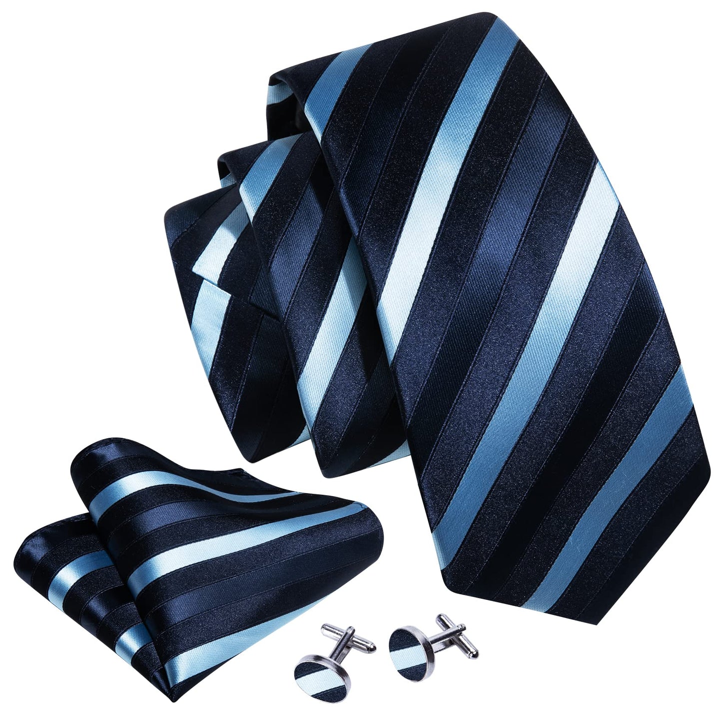 Barry.Wang Stripe Men Ties Set Classic WOVEN Necktie with Handkerchief Cufflinks Formal