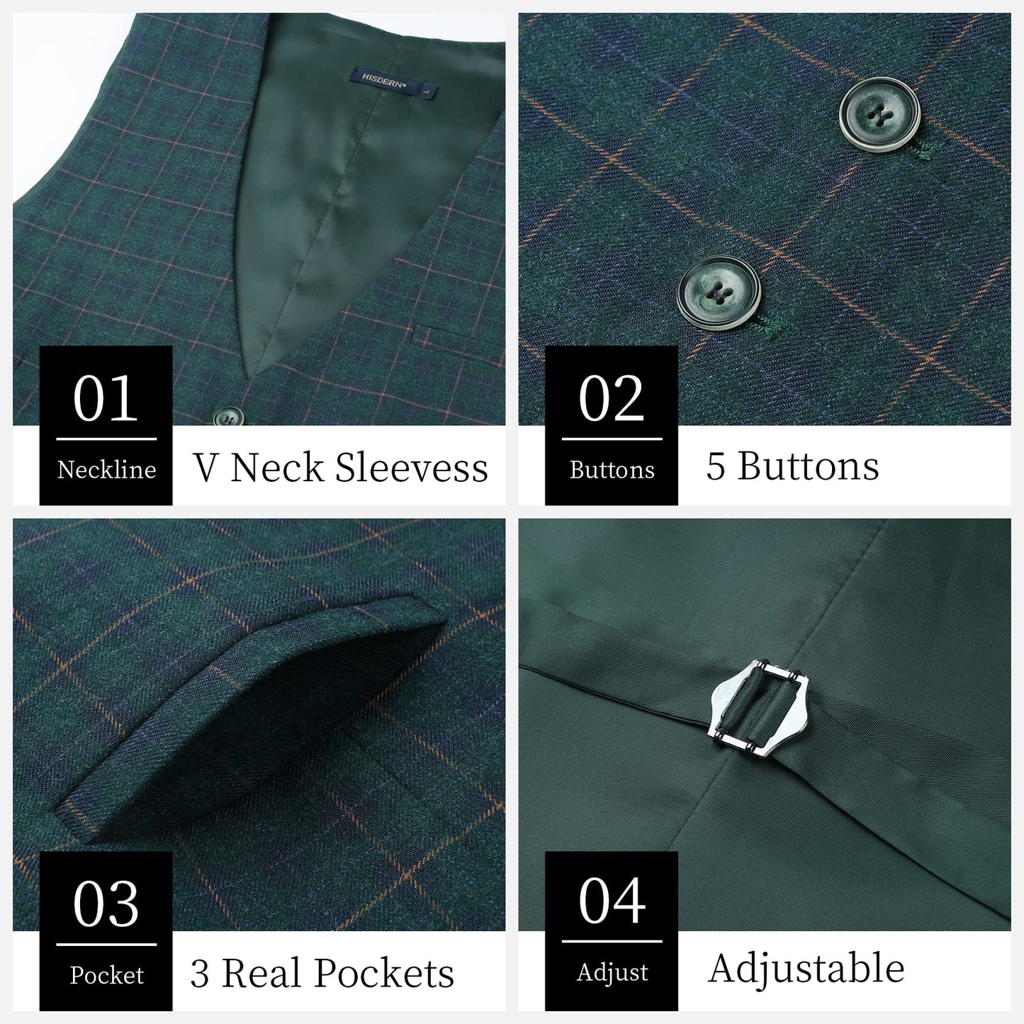 HISDERN Men's Suit Vest Plaid Dress Vest for Men Slim Fit Formal Business Waistcoat Tuxedo V-Ncek Solid Vest for Wedding