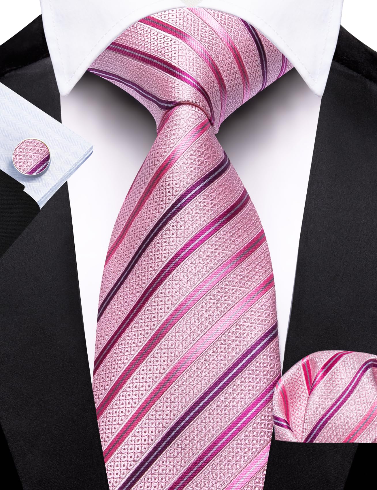 Barry.Wang Stripe Men Ties Set Classic WOVEN Necktie with Handkerchief Cufflinks Formal