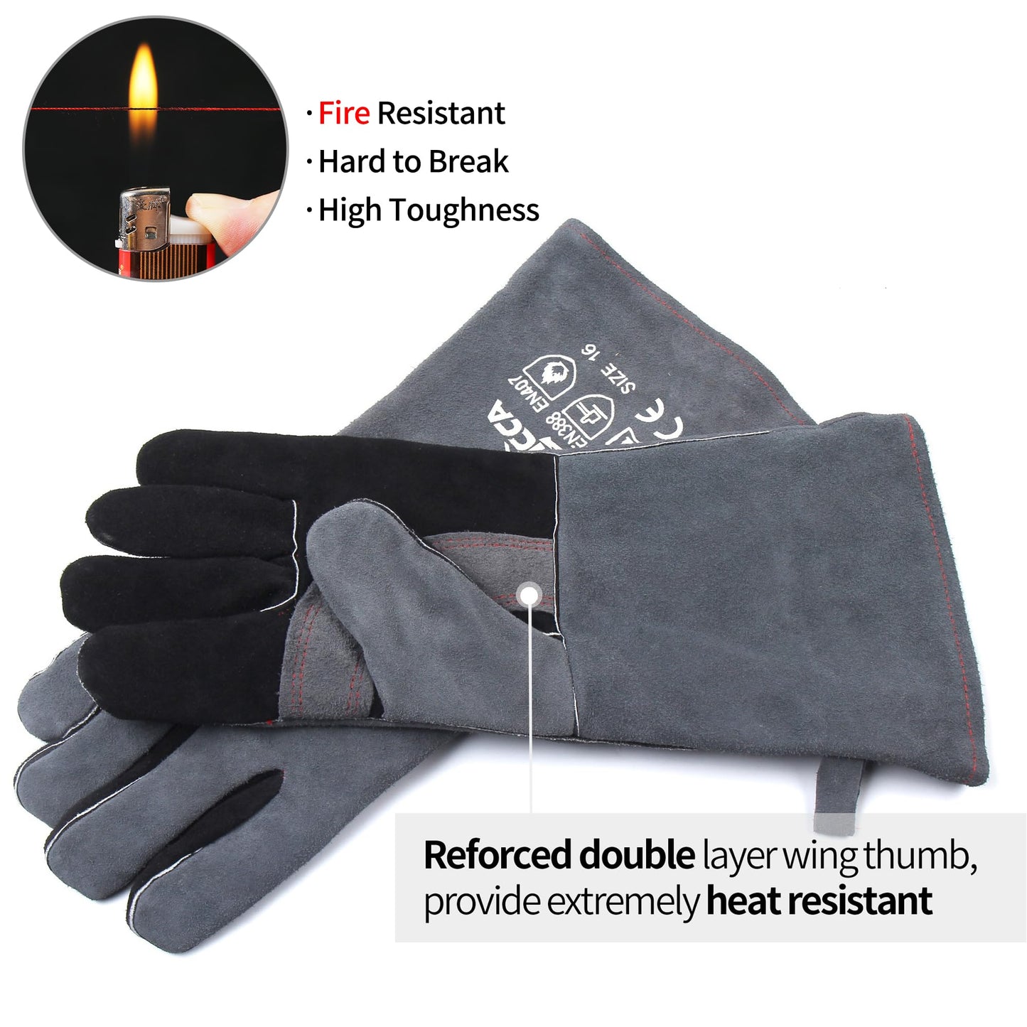 RAPICCA Fireplace Gloves Fire Heat Resistant: Dark-Grey 16IN 932℉ - Fireproof Leather for Fireplace Fire pit Wood stove Campfire Furnace BBQ Grill Stick Mig Welding Welder Gear - one size